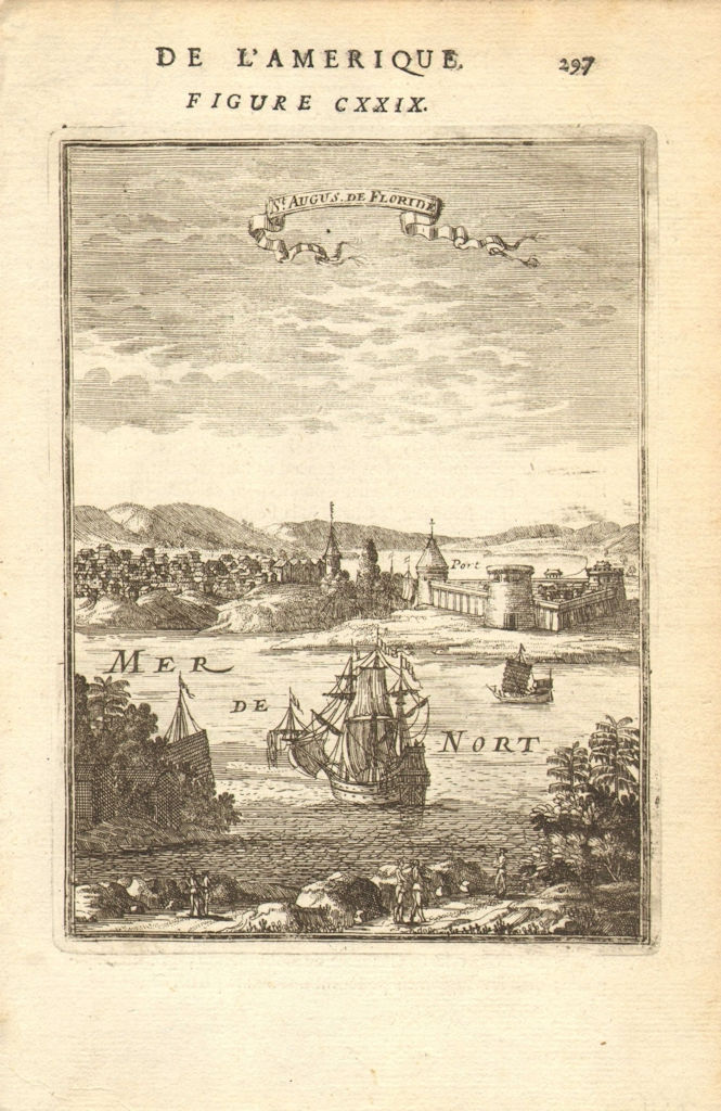 FLORIDA. Decorative view of the town of St Augustine. Ship. Port. MALLET 1683