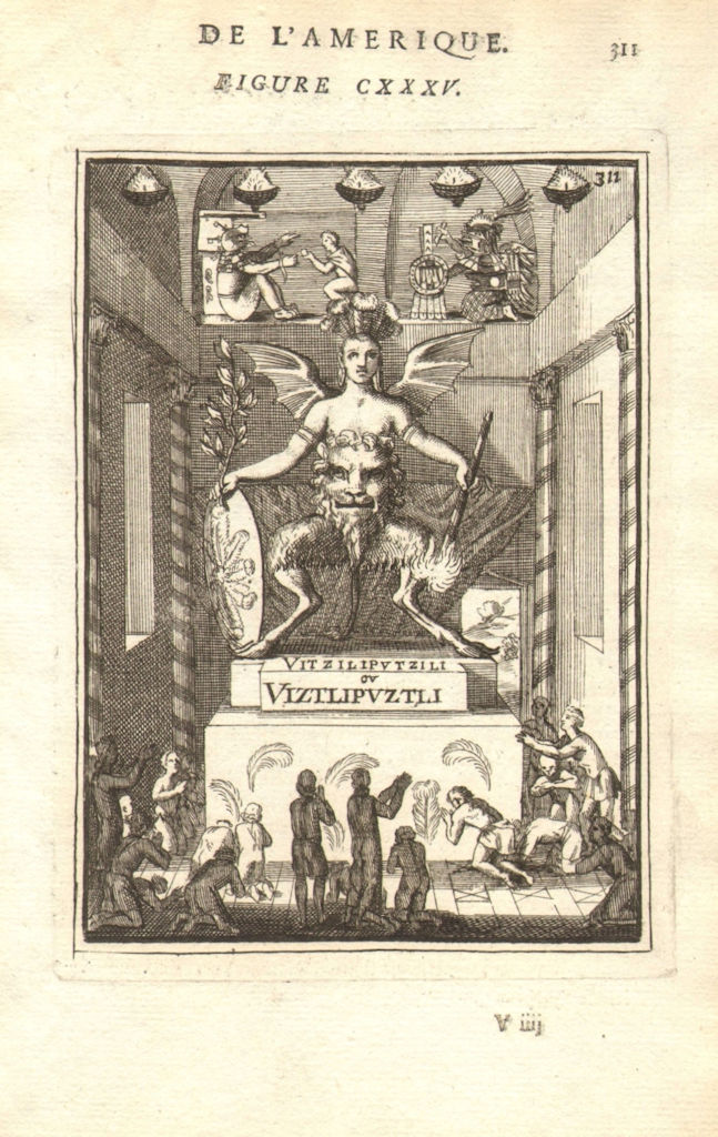 HUITZILOPOCHTLI. Aztec God of war, sun & human sacrifice. MALLET 1683 print