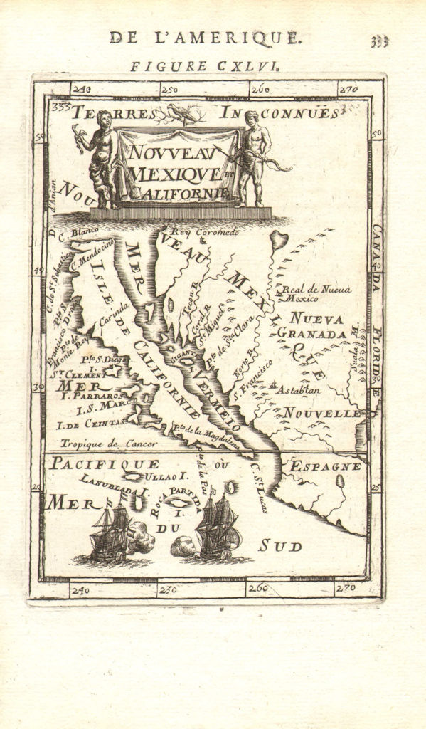 CALIFORNIA AS AN ISLAND with San Diego, Monterey, Cabo San Lucas MALLET 1683 map