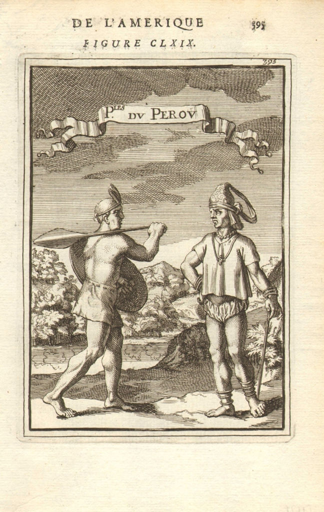 PERU COSTUME. Amerindians. Incas. Headdresses Shield spear. MALLET 1683 print