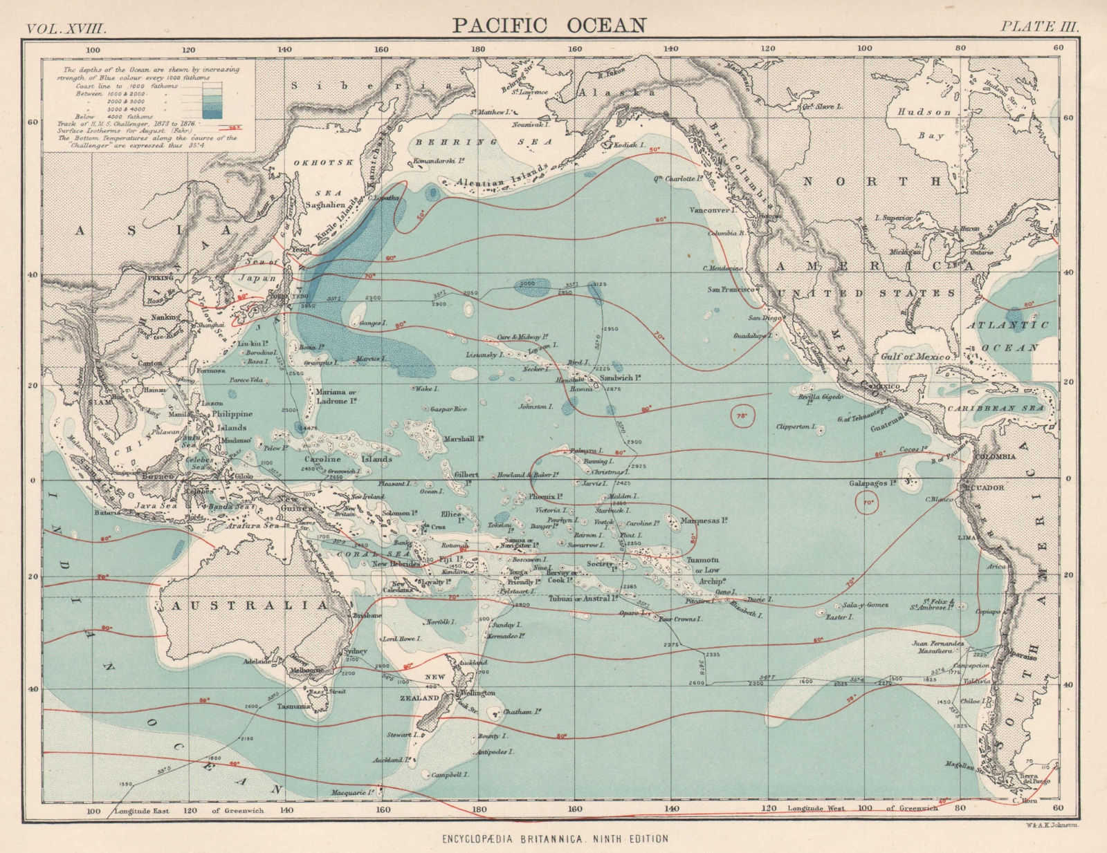 Associate Product PACIFIC OCEAN.Depth.Surface isotherms.HMS Challenger expedition track 1898 map