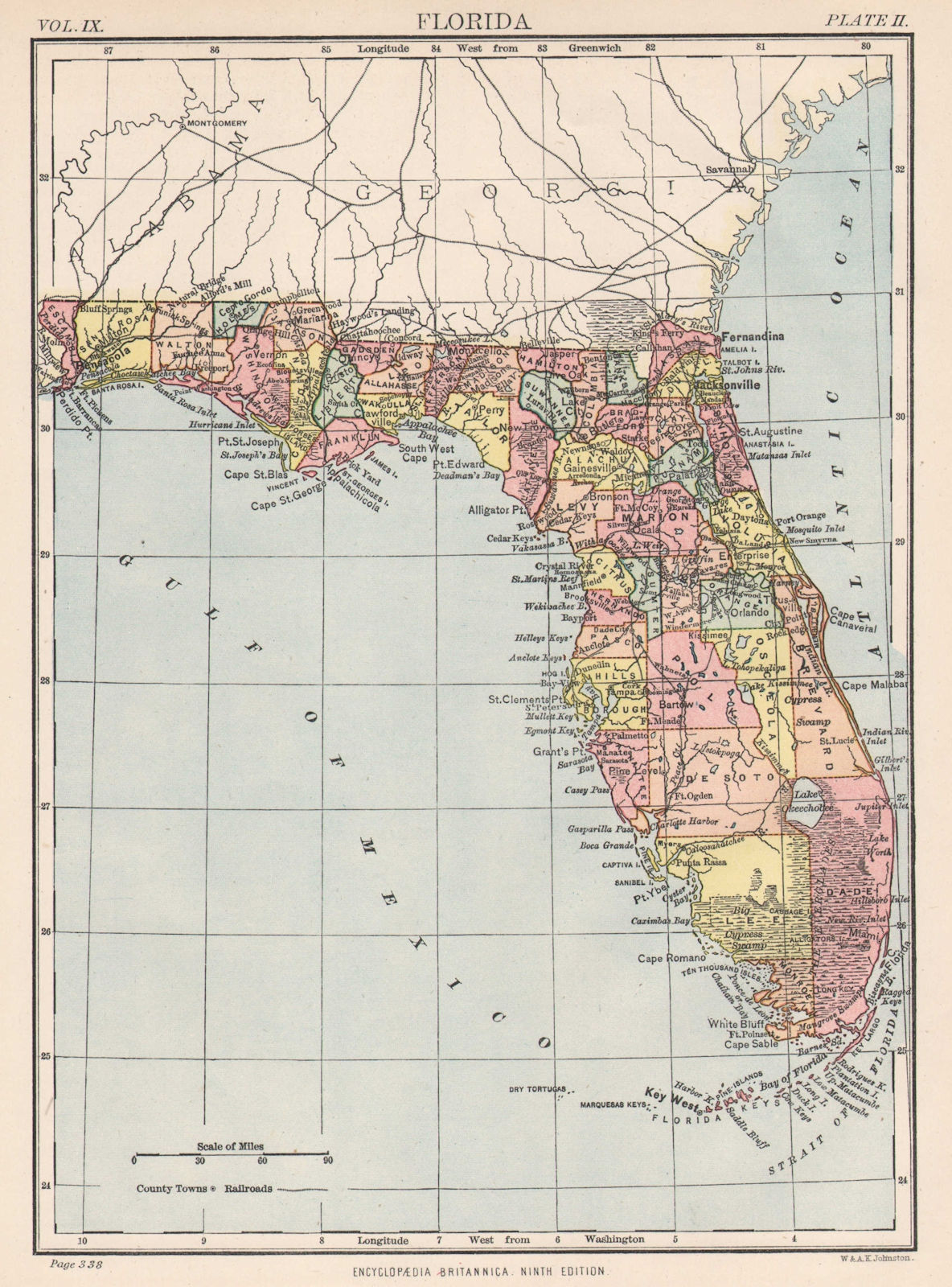 Associate Product FLORIDA. State map. Shows Miami (incorporated 1896, 2 yrs before map) 1898