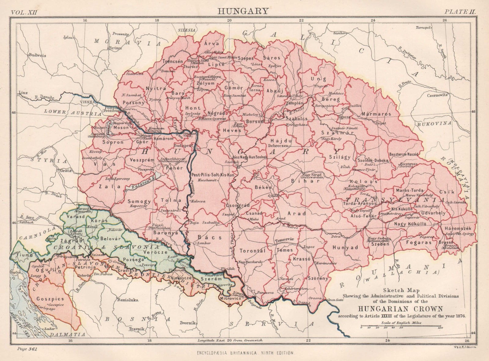 KINGDOM OF HUNGARY. inc Croatia Slavonia. Slovakia Romania Austria &c 1898 map