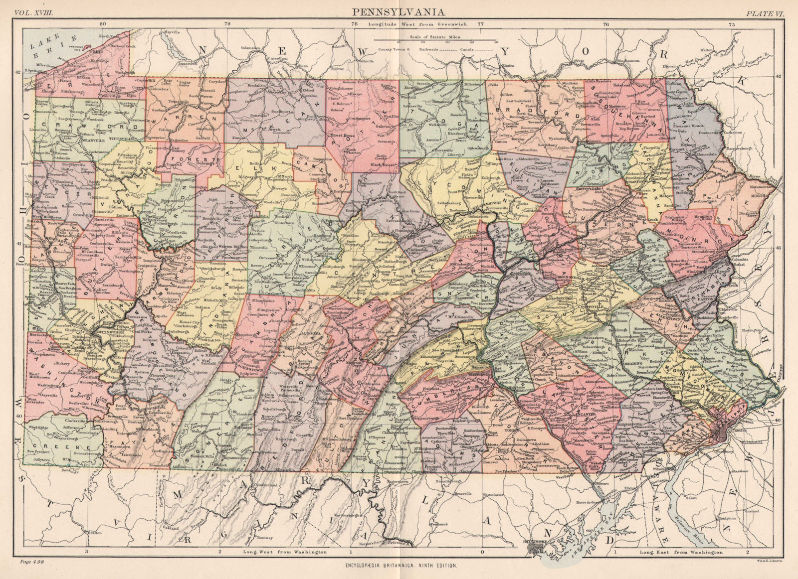 Associate Product PENNSYLVANIA. State map. Philadelphia. Counties railroads canals. 1898 old