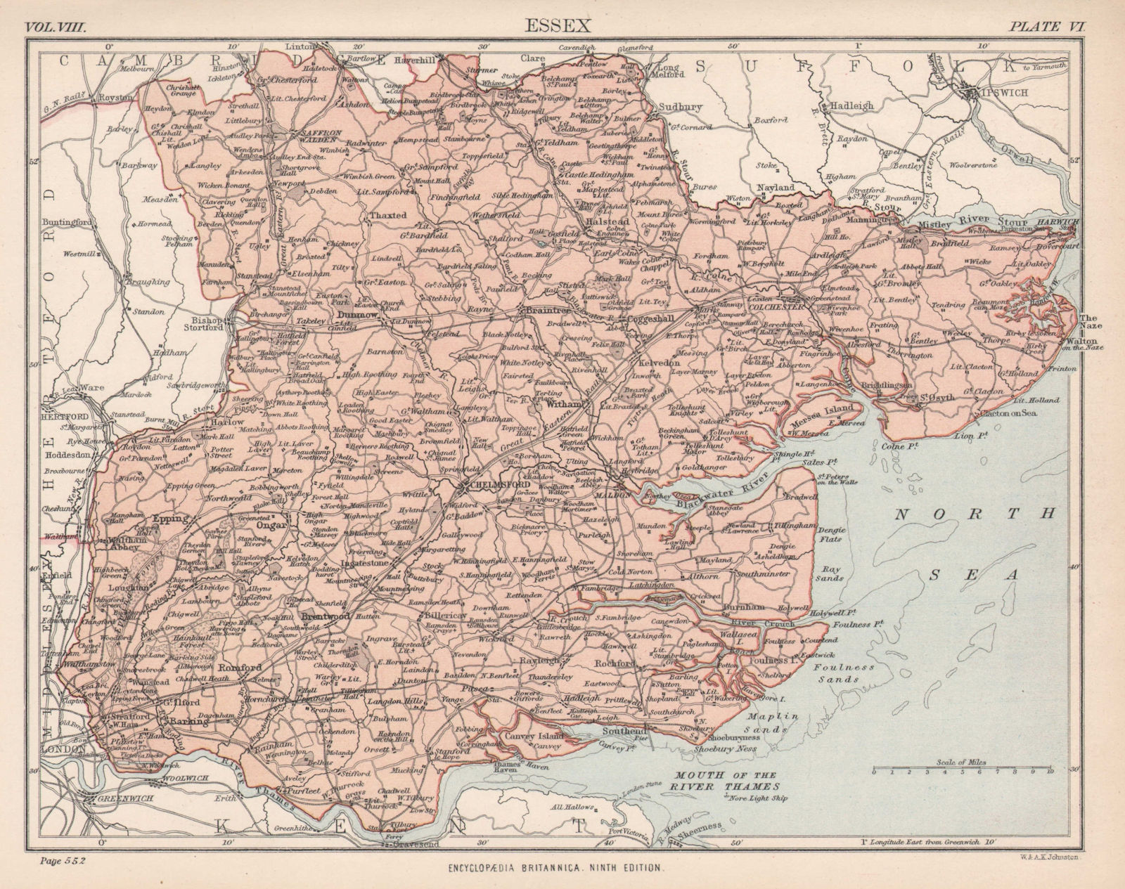 Associate Product ESSEX. County map. Thames Estuary. Britannica 9th edition 1898 old antique