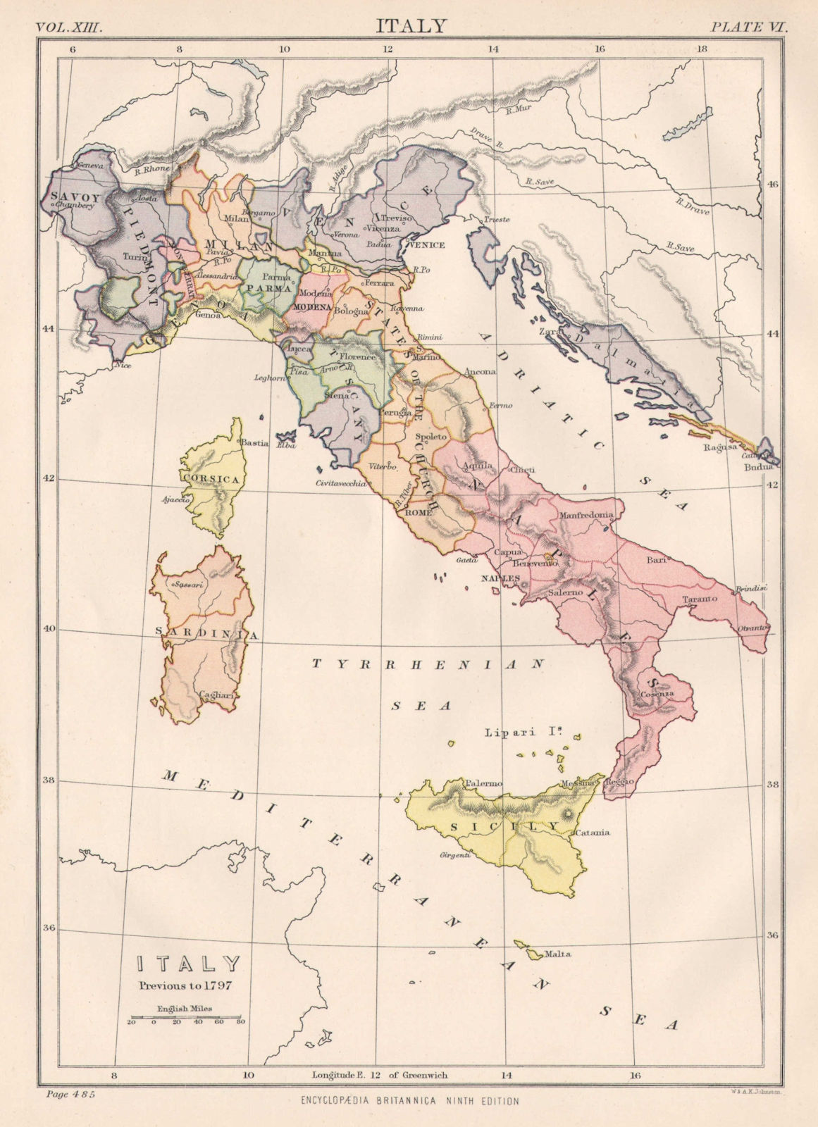 ITALY BEFORE 1797. Naples Papal States Venice Milan Piedmont Tuscany 1898 map