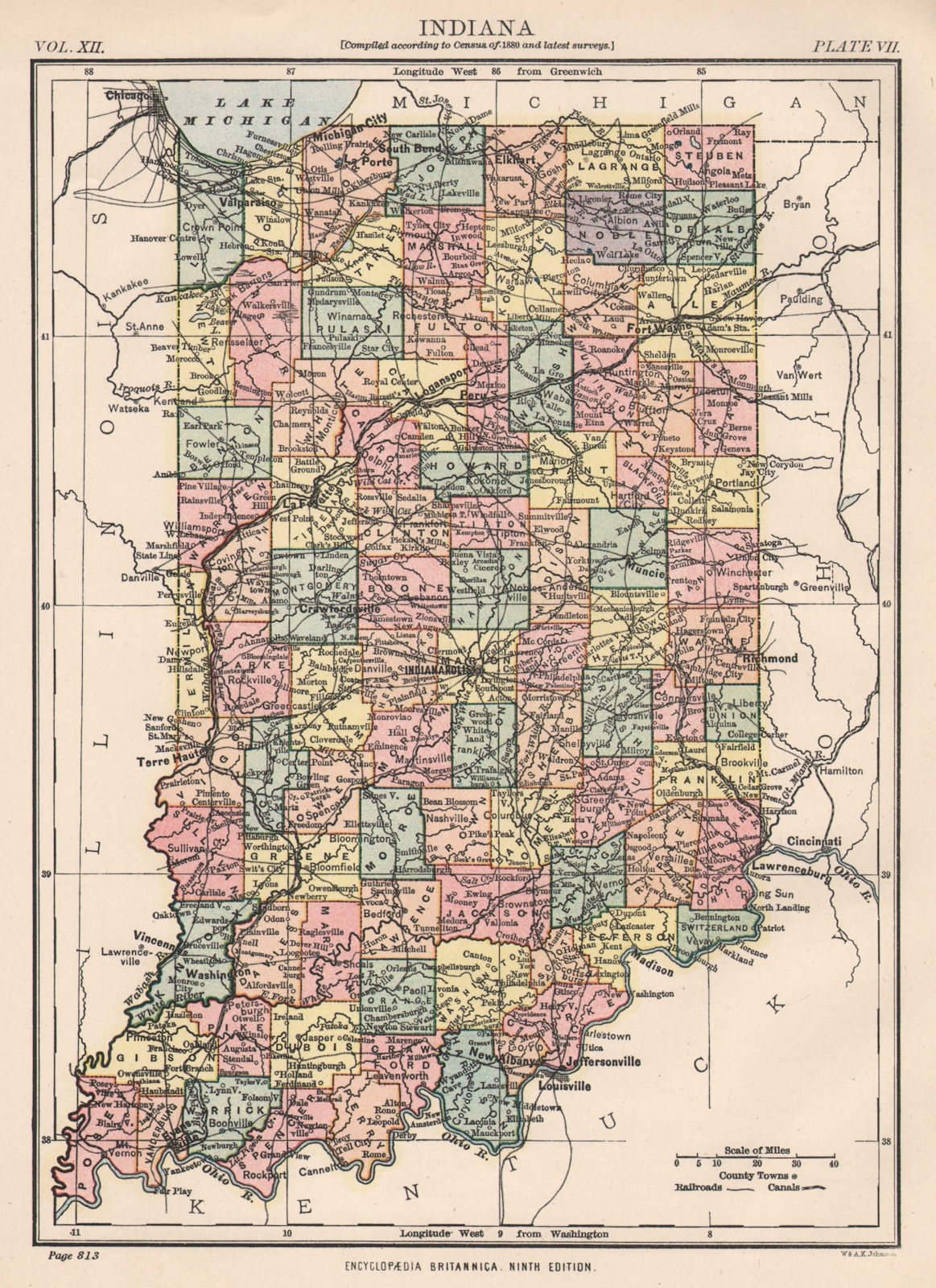 Associate Product INDIANA. State map showing counties/railroads. Indianapolis. Britannica 1898