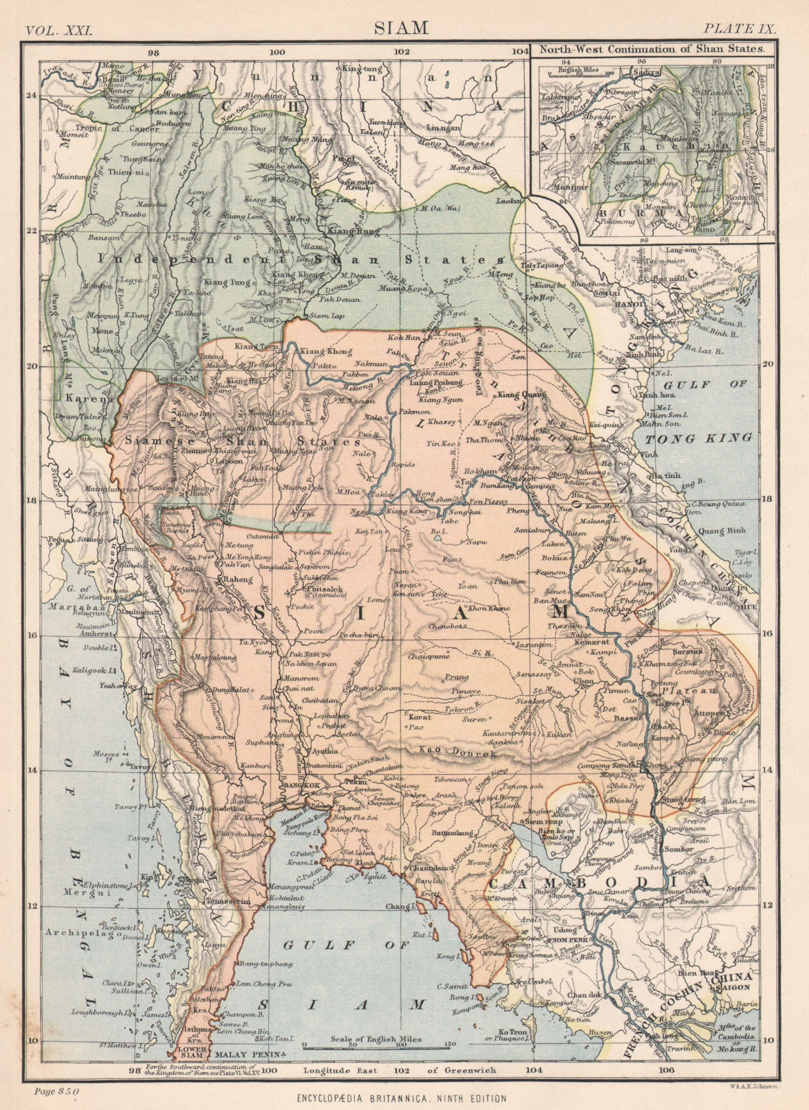 SIAM (THAILAND). Shan states. Laos Myanmar Burma Cambodia. Britannica 1898 map