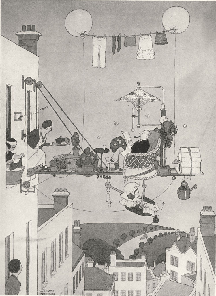 HEATH ROBINSON. How to enjoy the amenities of a back garden in a top flat 1935