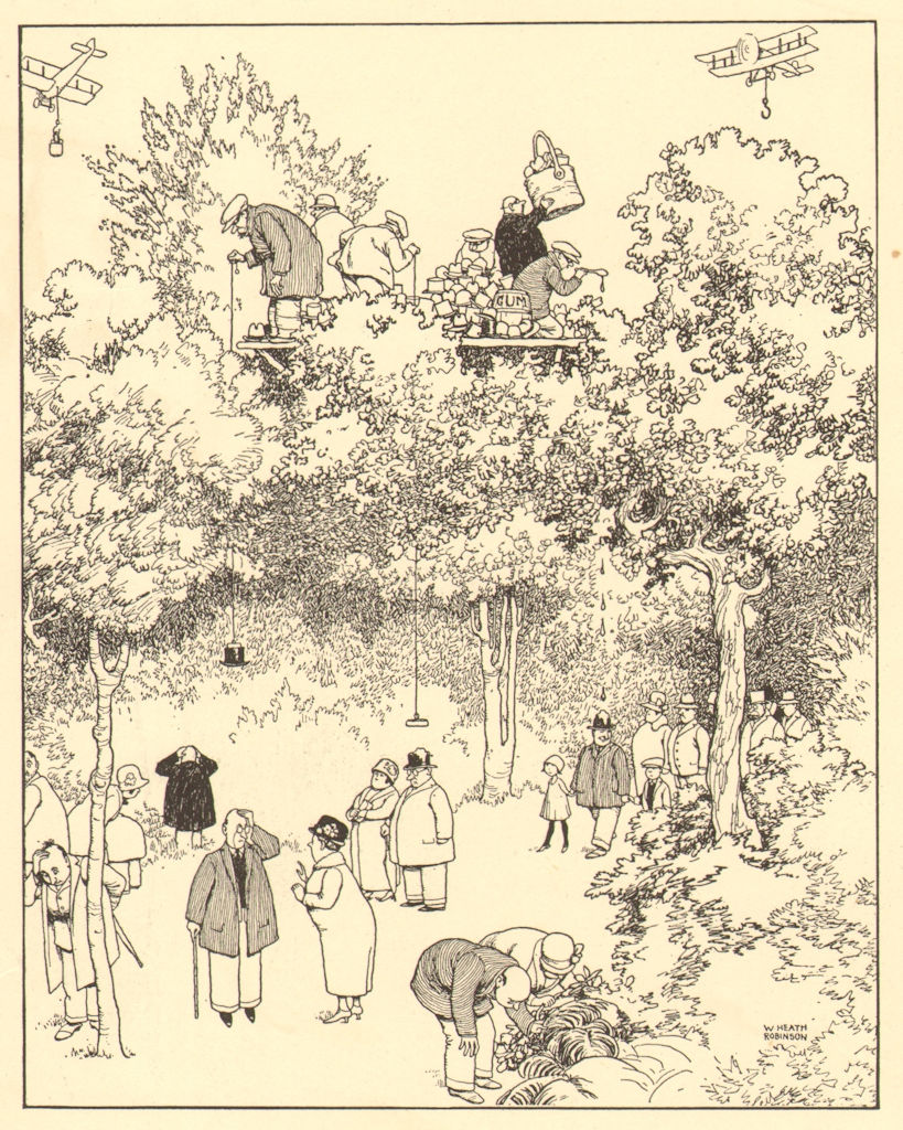 HEATH ROBINSON. Gang of hat thieves at work in Epping Forest on Sundays 1935