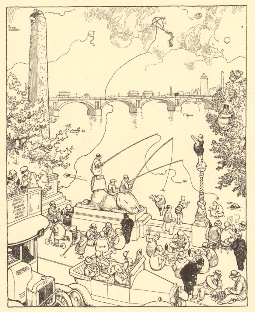 Associate Product HEATH ROBINSON. Lunch Hour on the Thames Embankment. Picnic golf fishing 1935