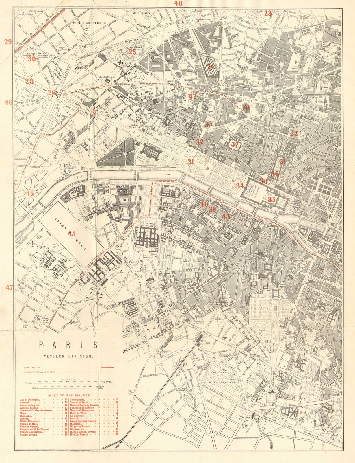 PARIS WEST. Franco-Prussian War. Barricades. Versailles troops routes 1875 map