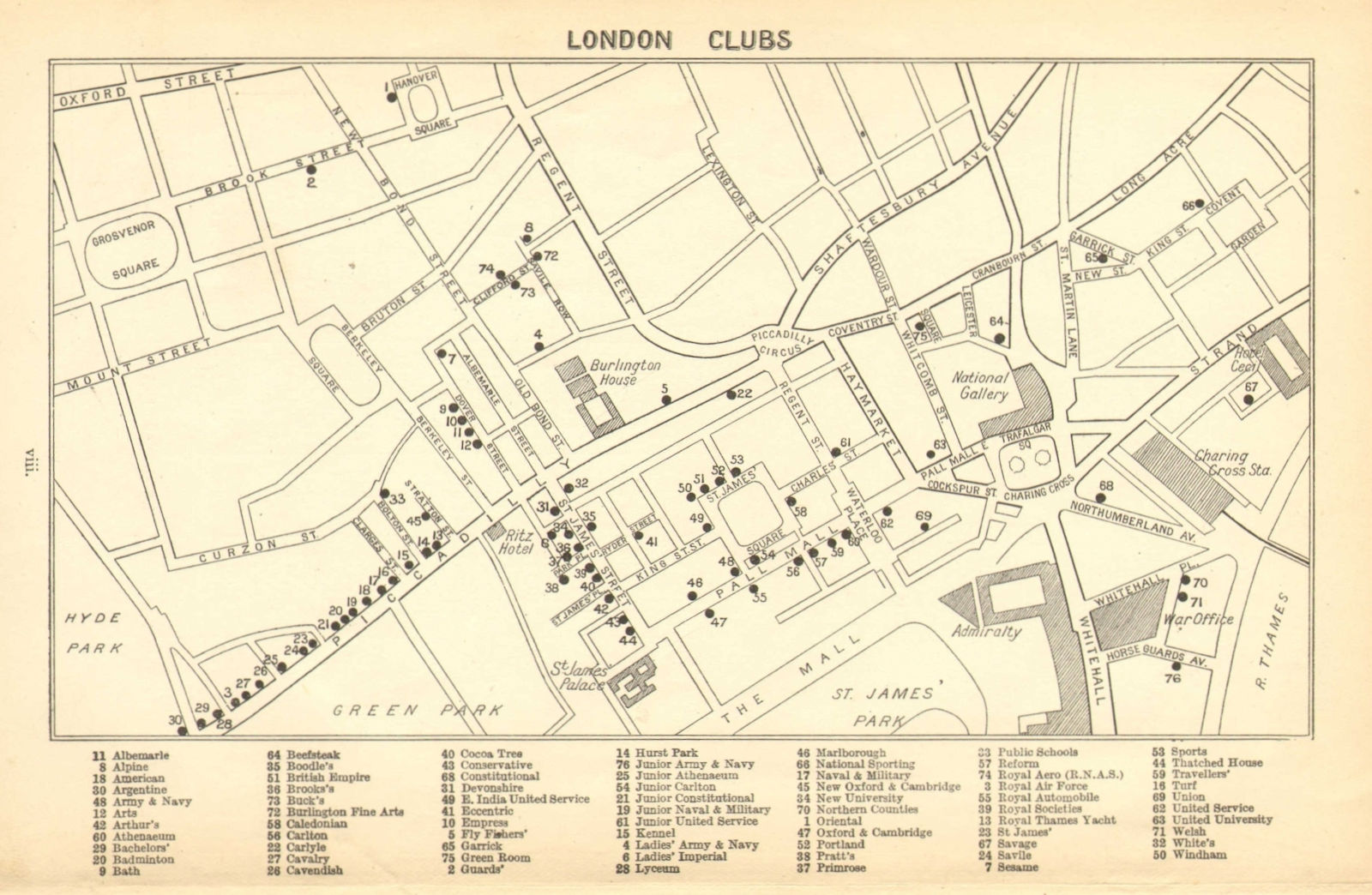 LONDON GENTLEMENS CLUBS. St James's Mayfair Piccadilly Whitehall 1925 old map