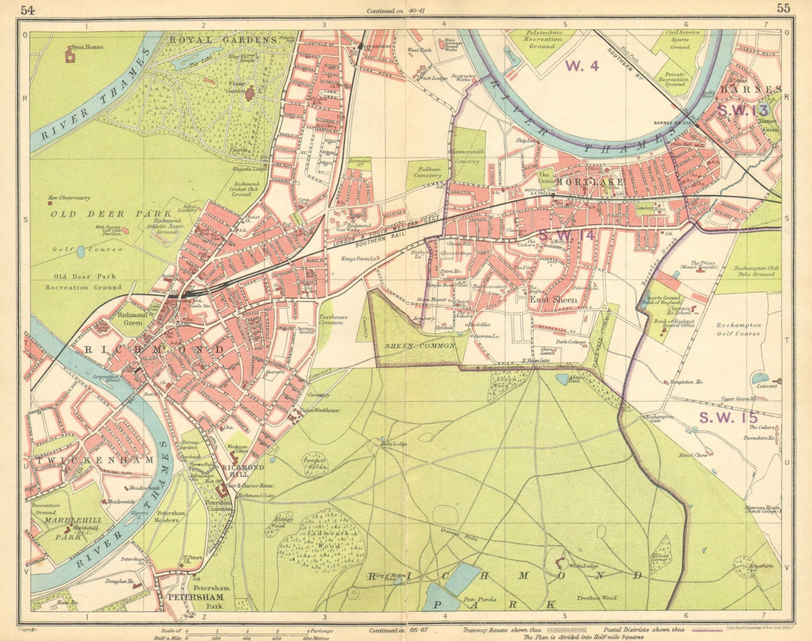LONDON SW.Richmond Mortlake Kew Twickenham Barnes E Sheen Petersham 1925 map