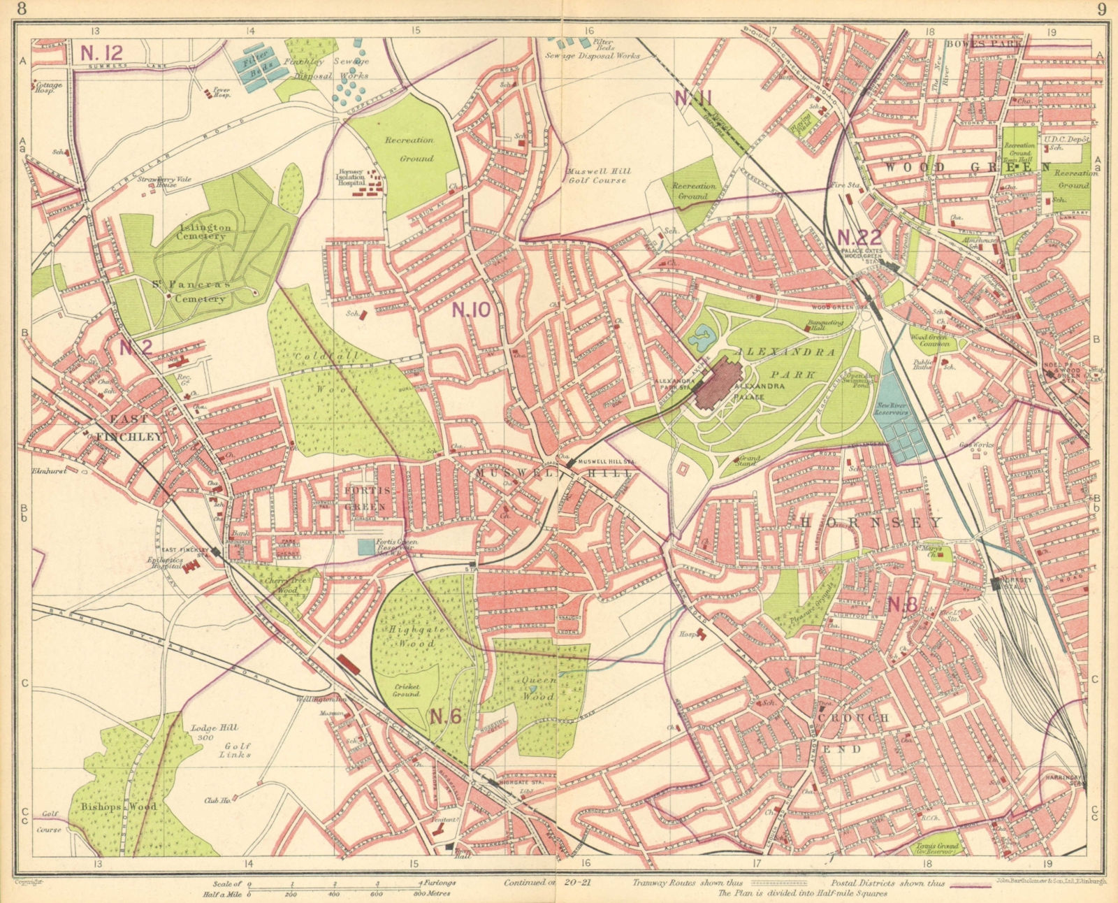 LONDON N. Muswell Hill Hornsey Wood Green Finchley Crouch End 1930 old map