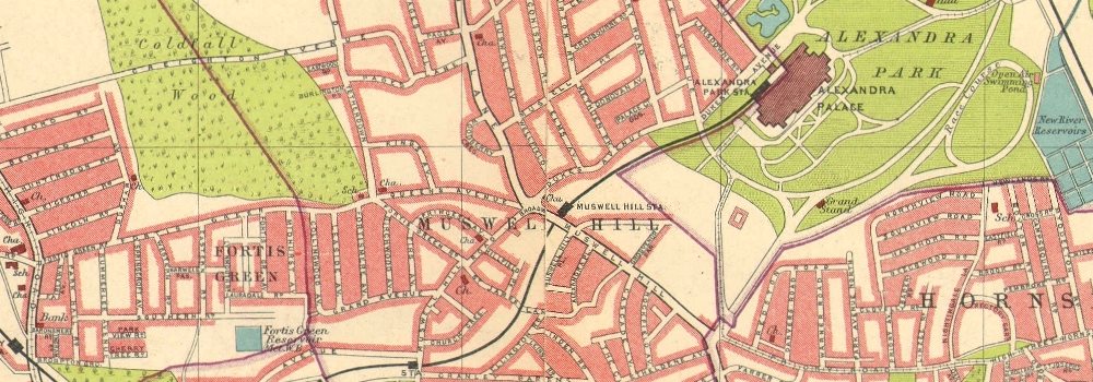 Muswell Hill Alexandra Park Wood Green Finchley Crouch End 1921 map LONDON N 