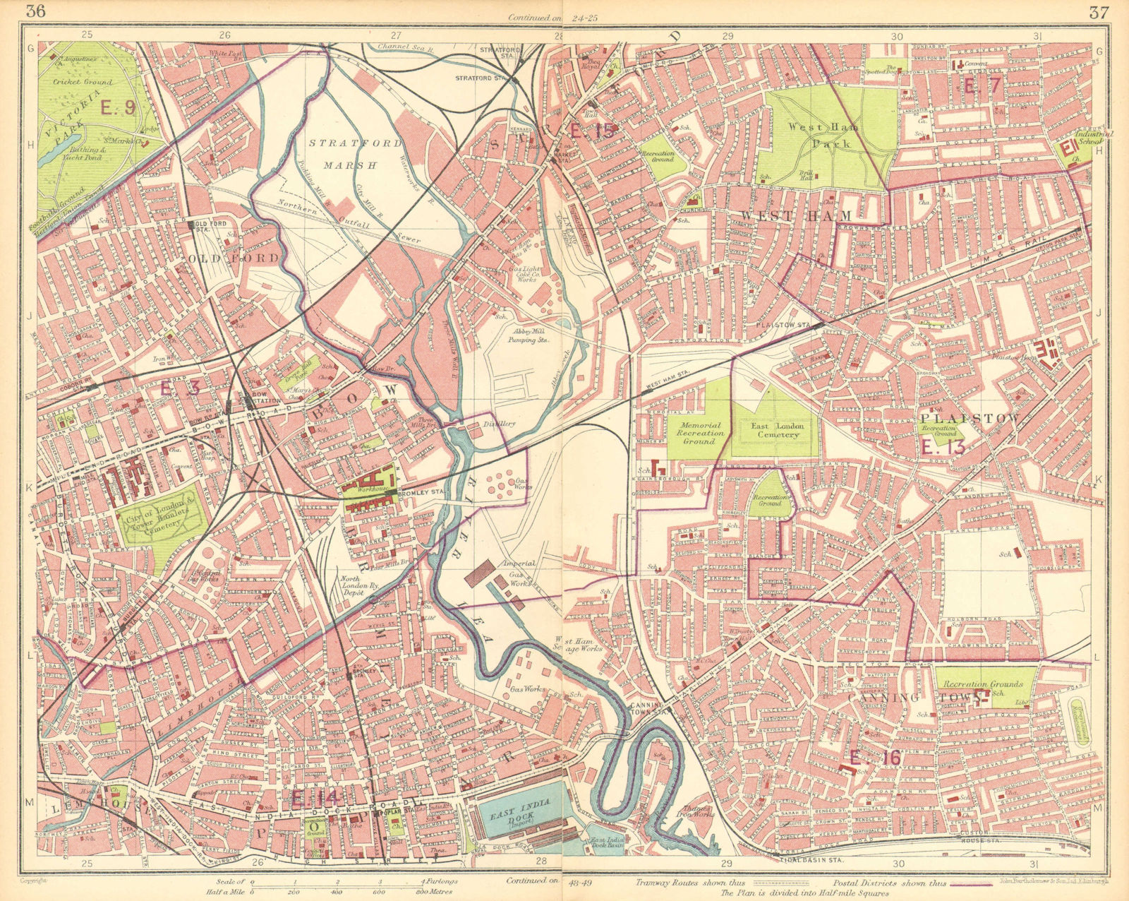 Associate Product LONDON E. Bow West Ham Bromley Stratford Plaistow Poplar Canning Town 1930 map