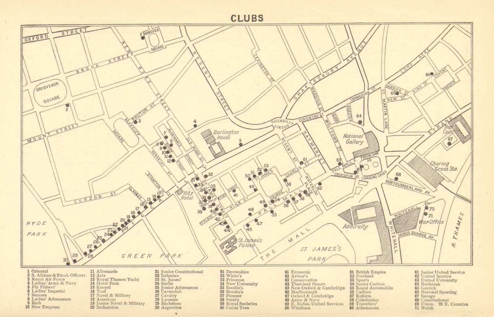 LONDON GENTLEMENS CLUBS. St James's Mayfair Piccadilly Whitehall 1921 old map