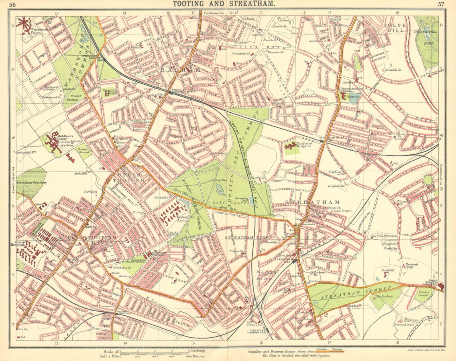 LONDON S. Upper Tooting  Graveney Streatham Balham Tulse Hill 1921 old map