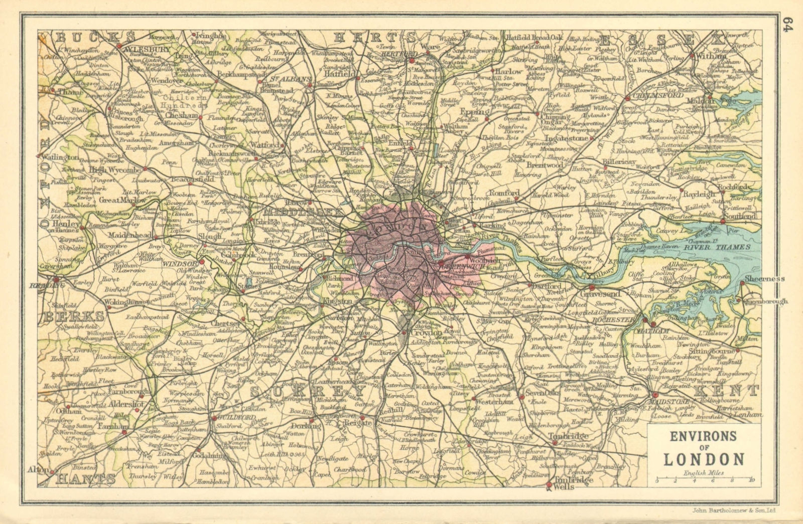Associate Product LONDON & HOME COUNTIES. Railways & roads. BARTHOLOMEW 1921 old antique map