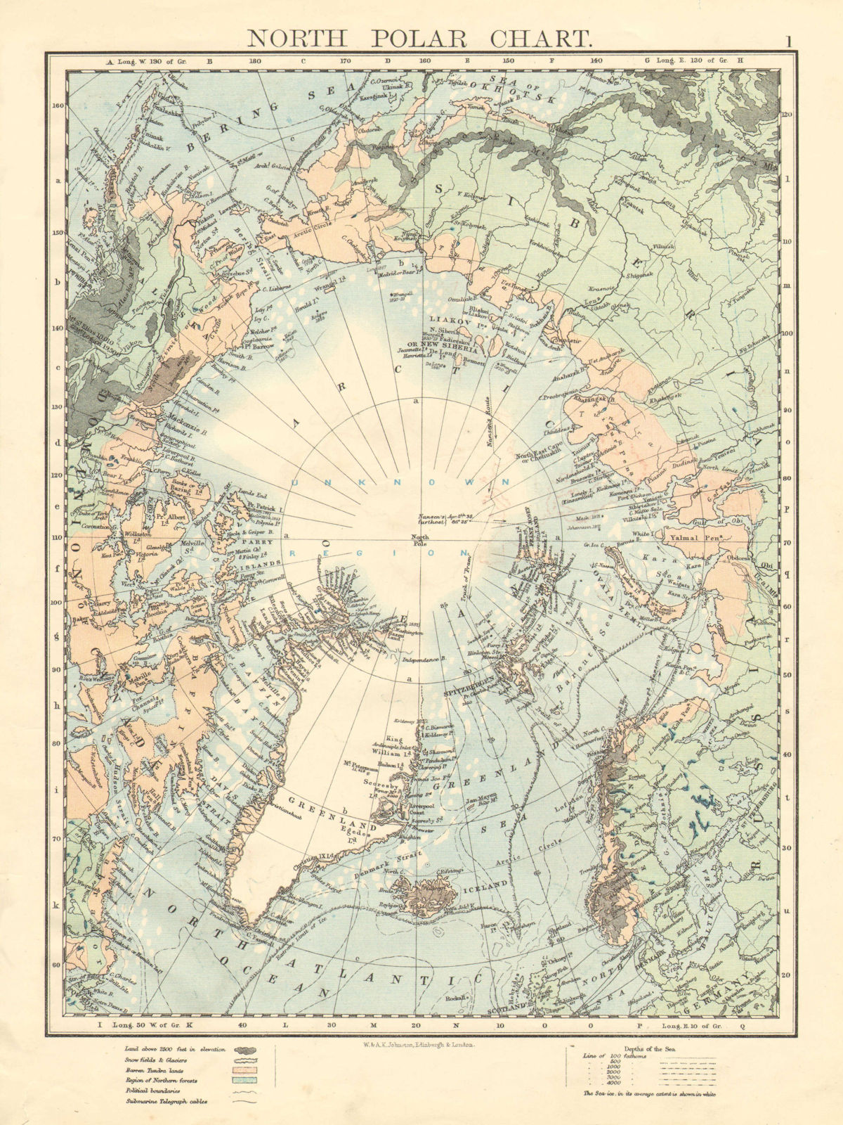 Associate Product NORTH POLAR CHART. Shows explorers' routes. Nansen 1895. JOHNSTON 1899 old map