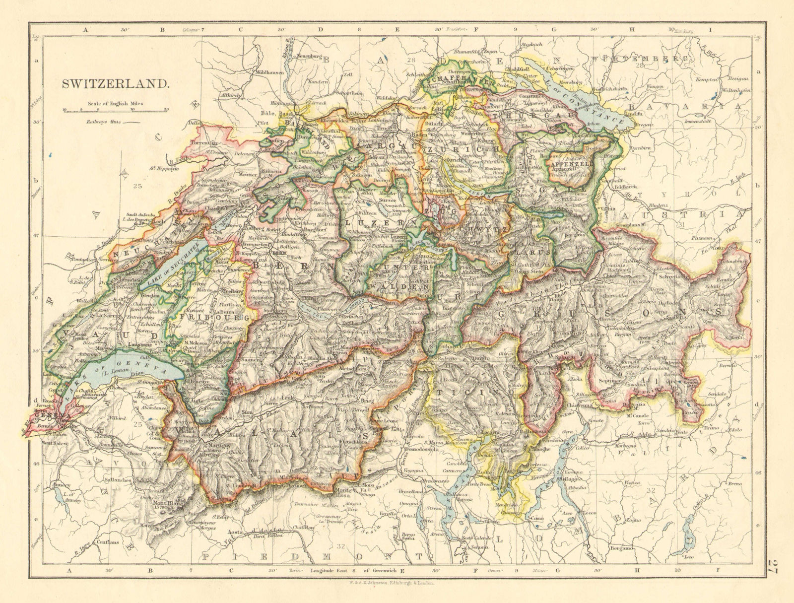 SWITZERLAND. Shows cantons & railways. Alps. Italian lakes. JOHNSTON 1899 map