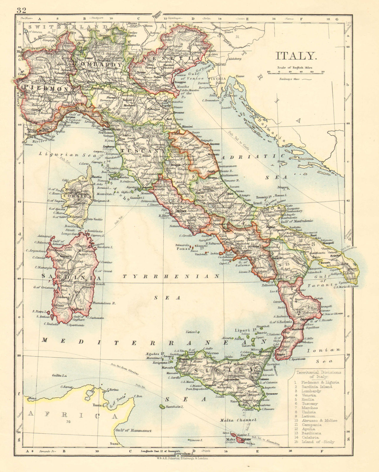 ITALY. Showing states/territorial divisions. JOHNSTON 1899 old antique map