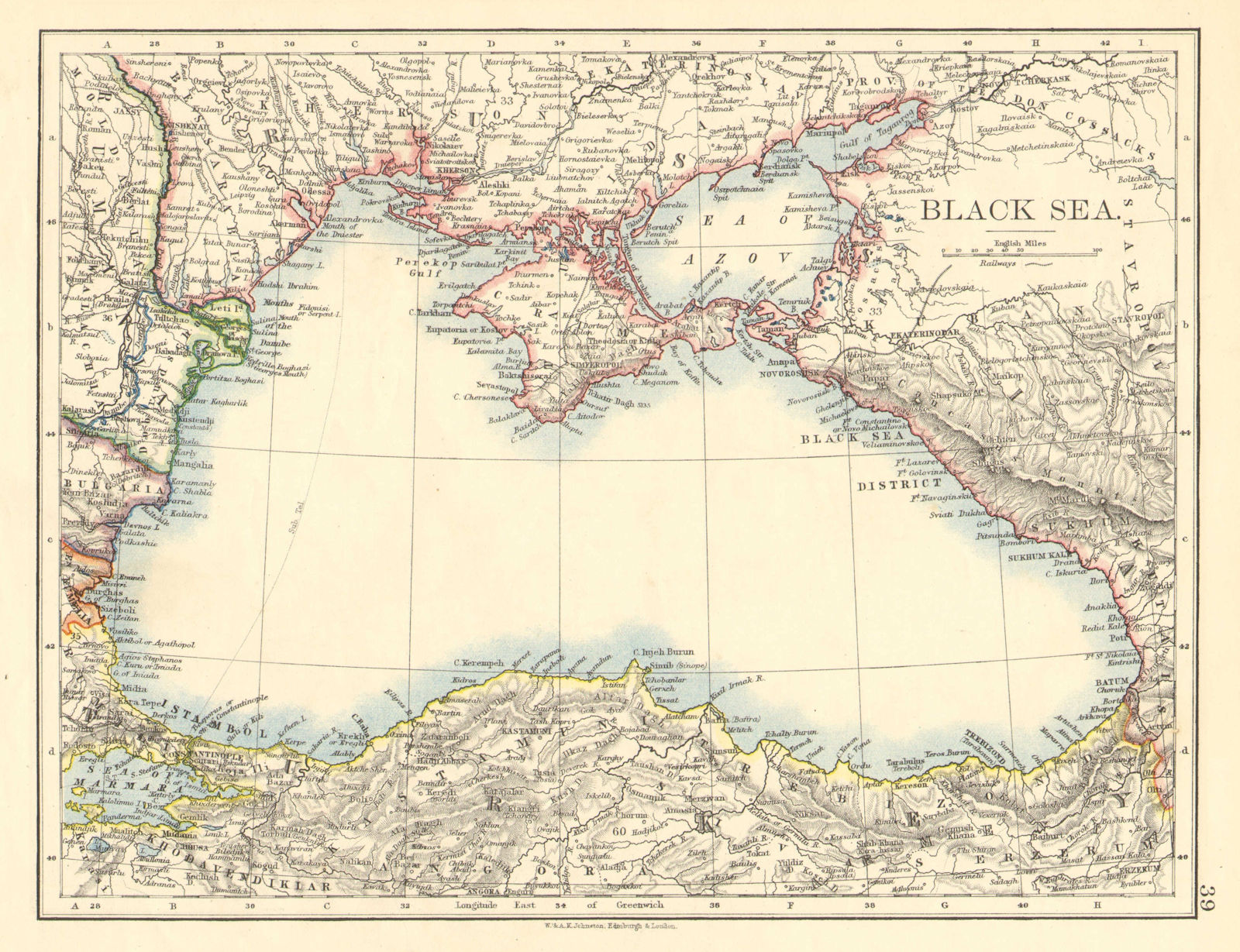 Associate Product BLACK SEA. Russia Turkey Crimea Romania Bulgaria Kutais. JOHNSTON 1899 old map