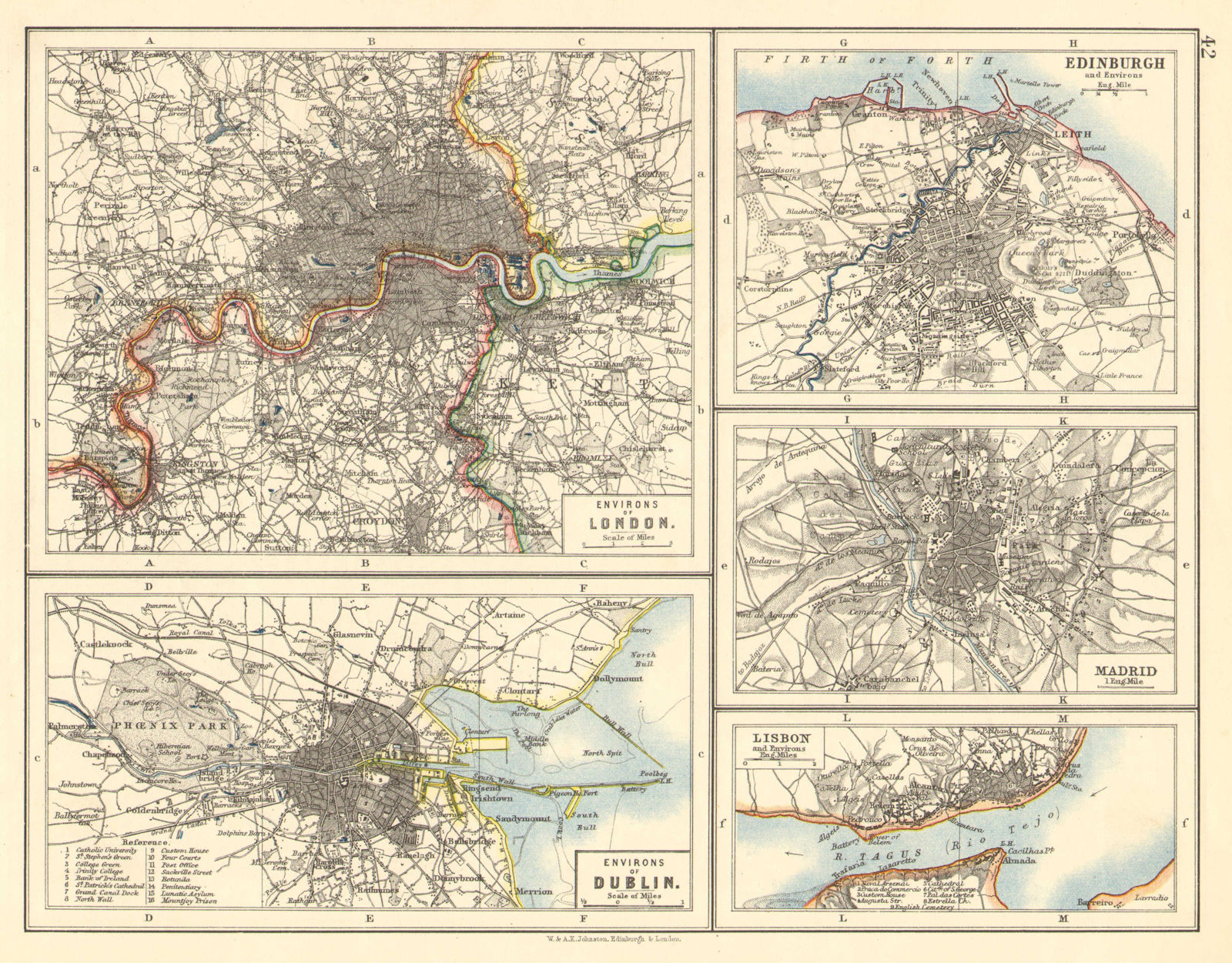 Associate Product EUROPEAN CITIES. London Edinburgh Madrid Lisbon Dublin. JOHNSTON 1899 old map