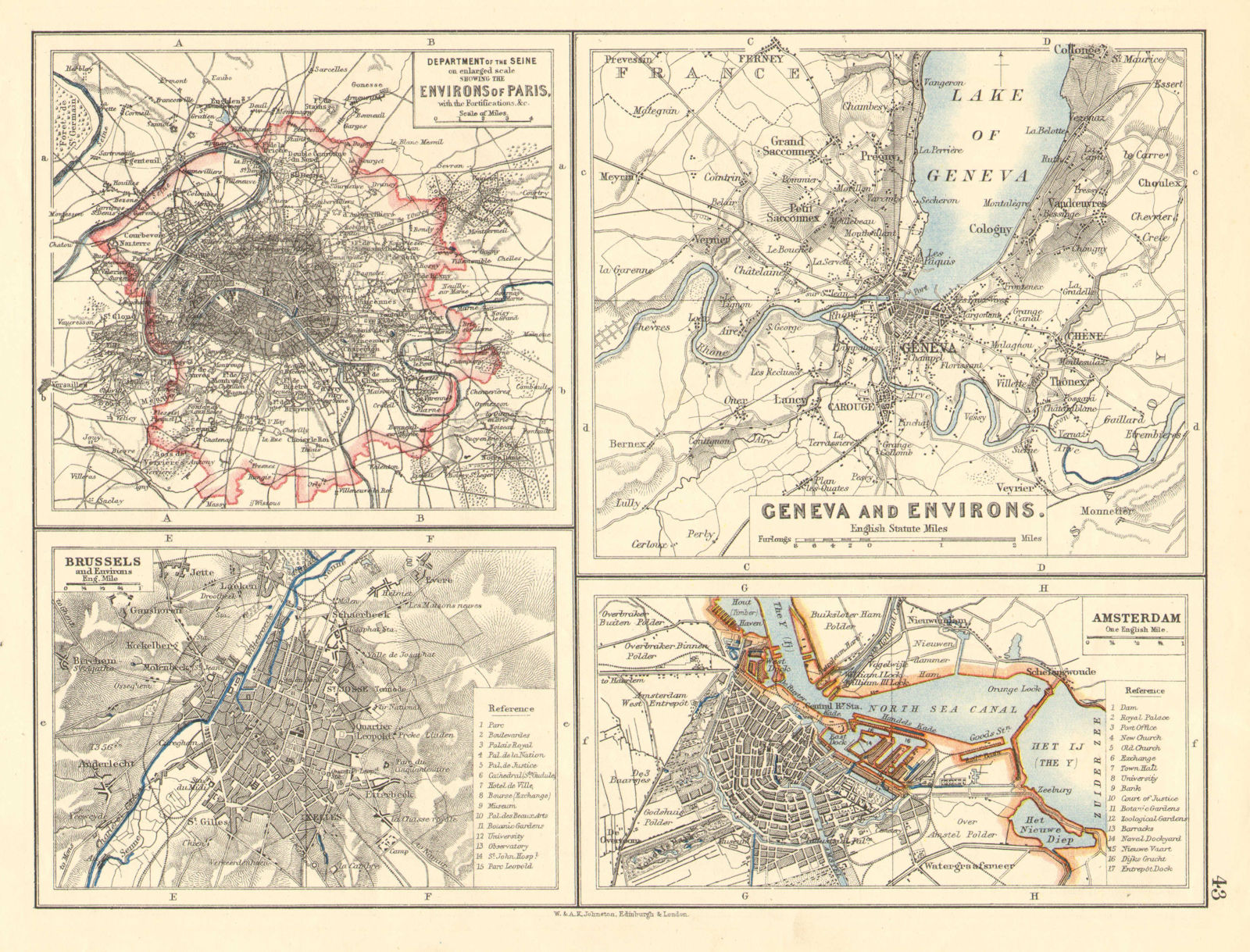 EUROPEAN CITIES. Environs of Paris Brussels Amsterdam Geneva.JOHNSTON 1899 map