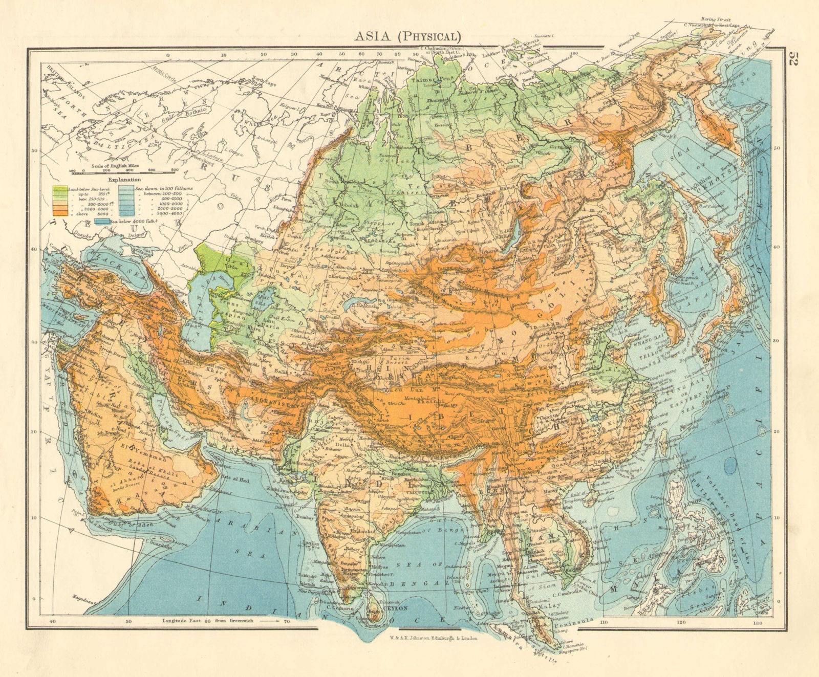 Associate Product ASIA PHYSICAL. Relief Mountain heights Ocean depths Rivers. JOHNSTON 1899 map
