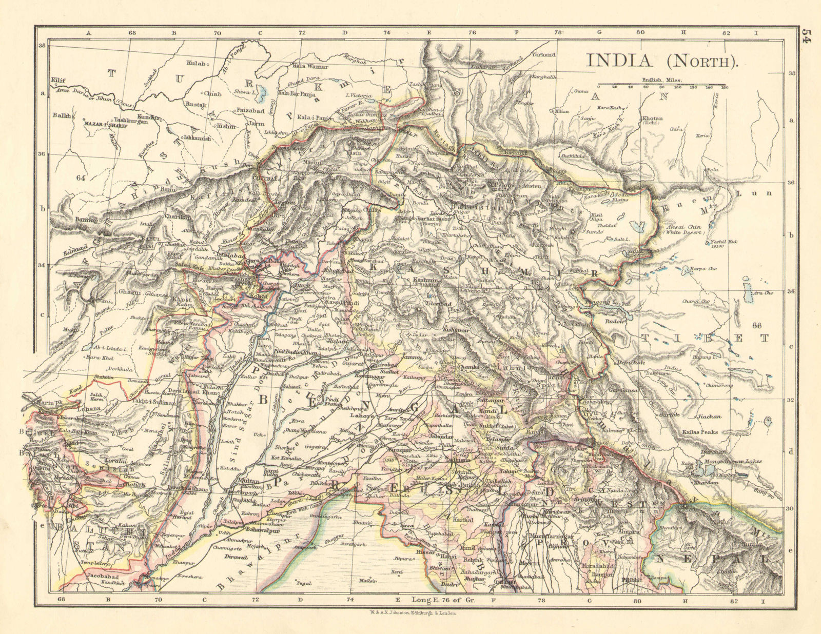 BRITISH INDIA NORTH. Jammu Kashmir Punjab Himalayas. JOHNSTON 1899 old map