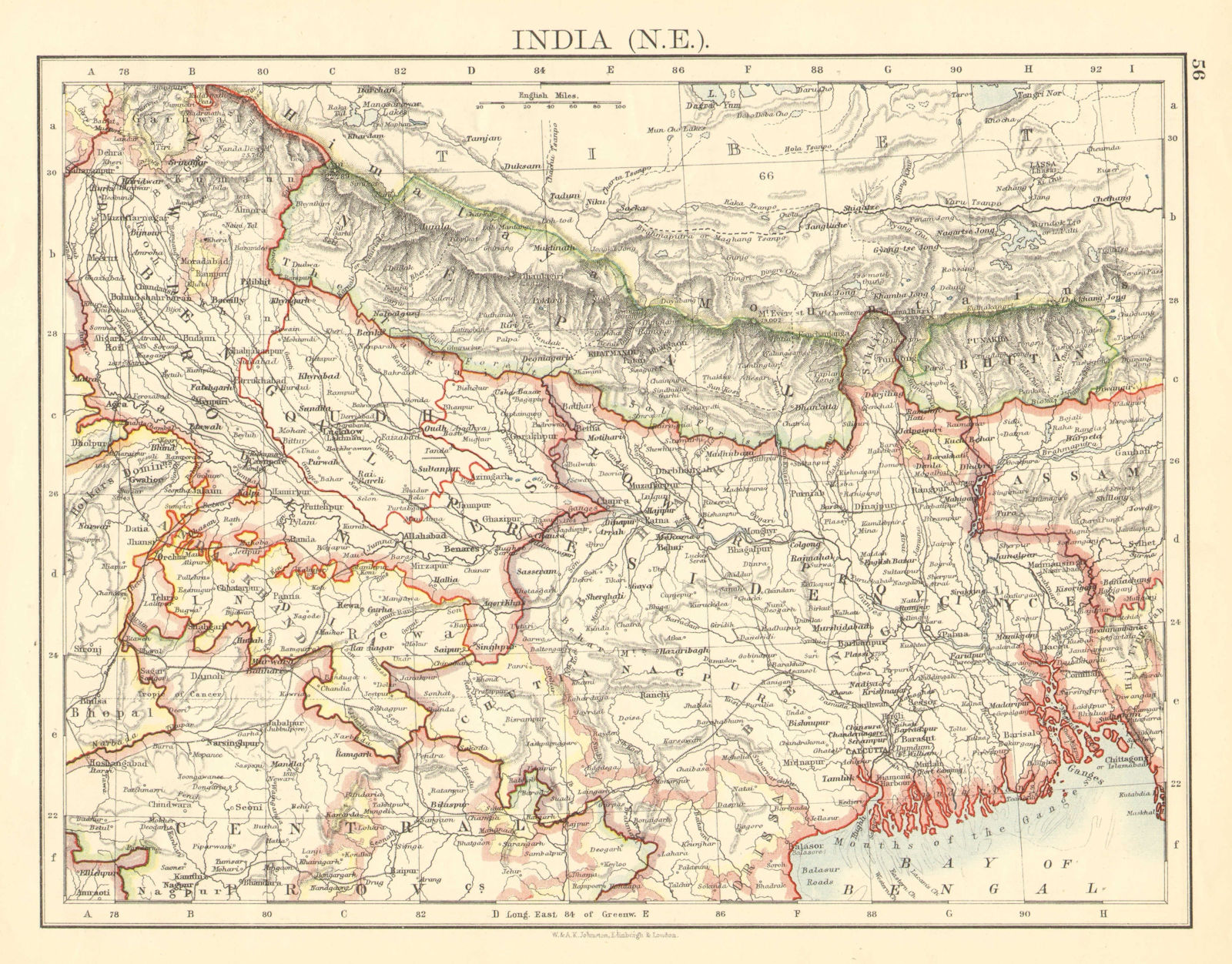 BRITISH INDIA NE. Bengal Nepal Bhutan Calcutta Bangladesh. JOHNSTON 1899 map