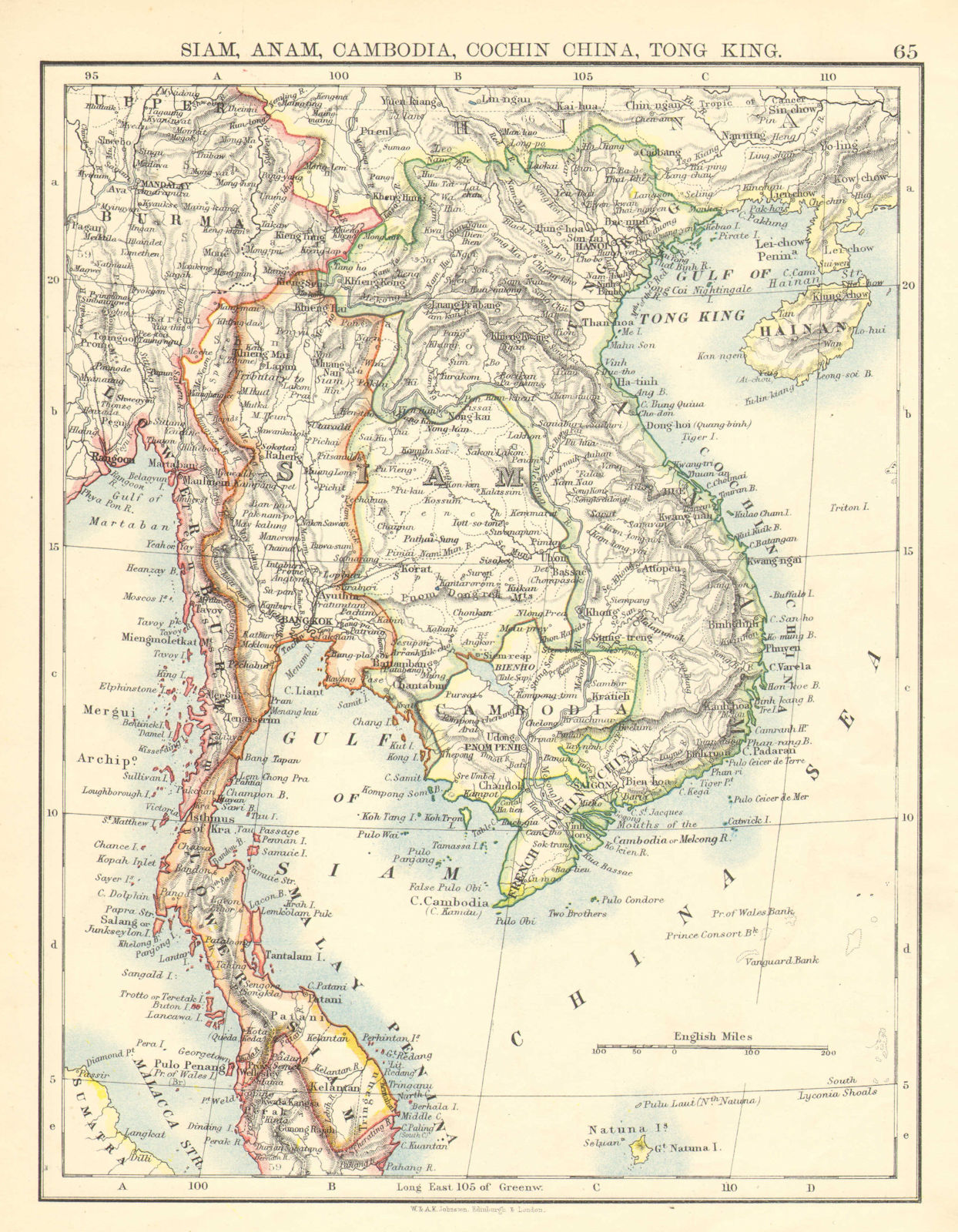 Associate Product INDOCHINA.Siam with British & French spheres. Burma Cambodia Anam  1899 map