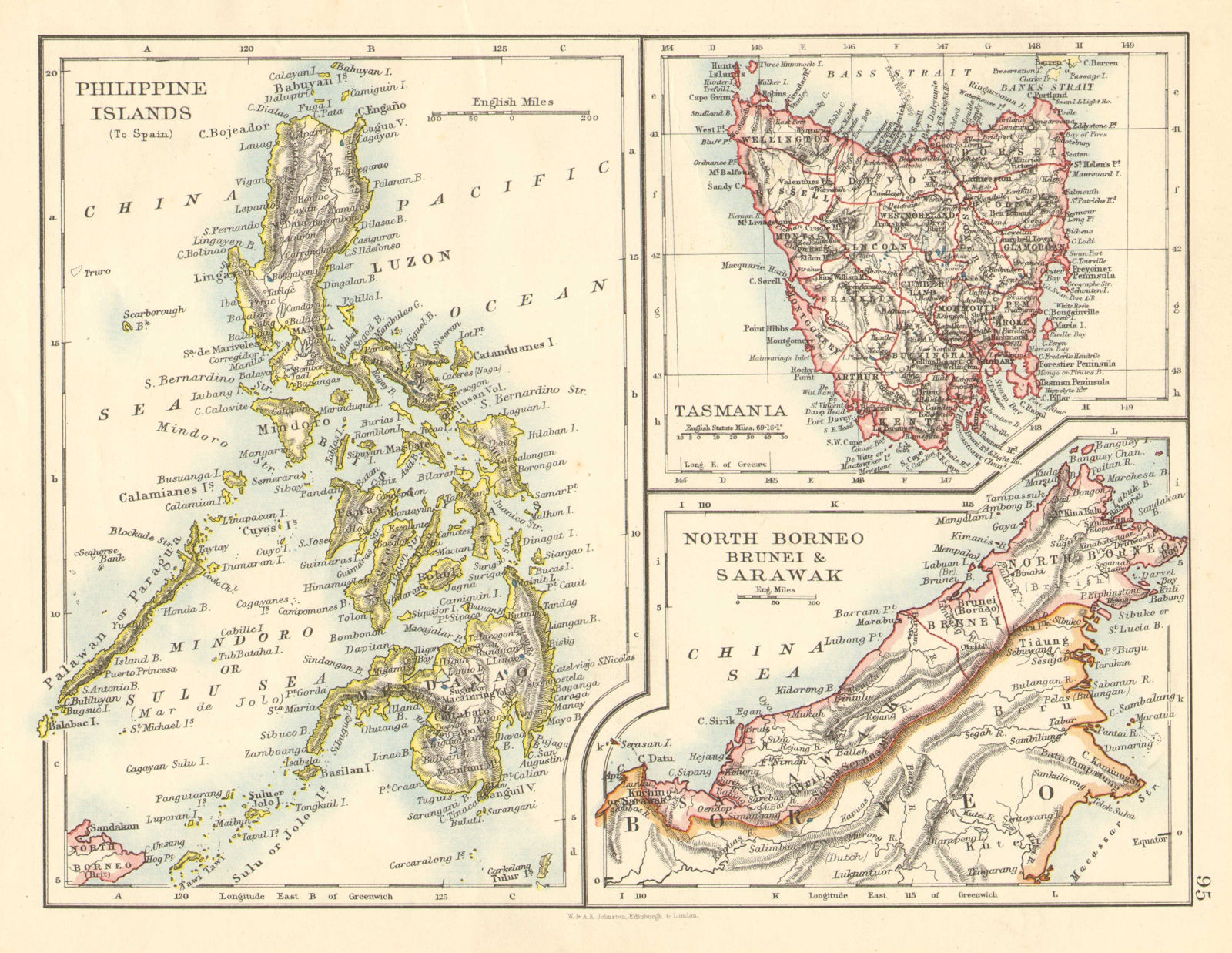 Associate Product EAST ASIA. Philippines Tasmania North Borneo Brunei Sarawak. JOHNSTON 1899 map