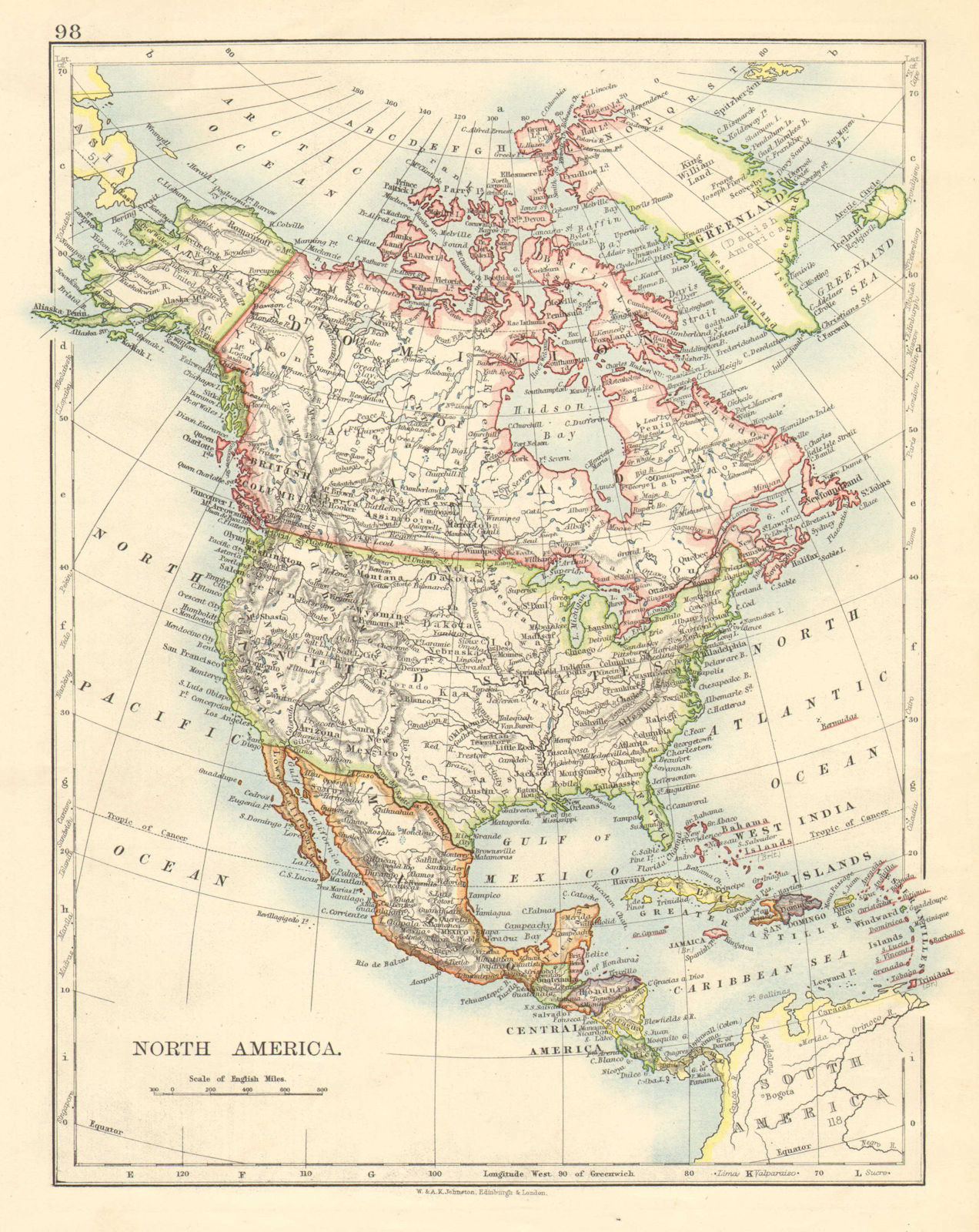 NORTH AMERICA POLITICAL. Greenland "Danish America" USA Canada Mexico 1899 map