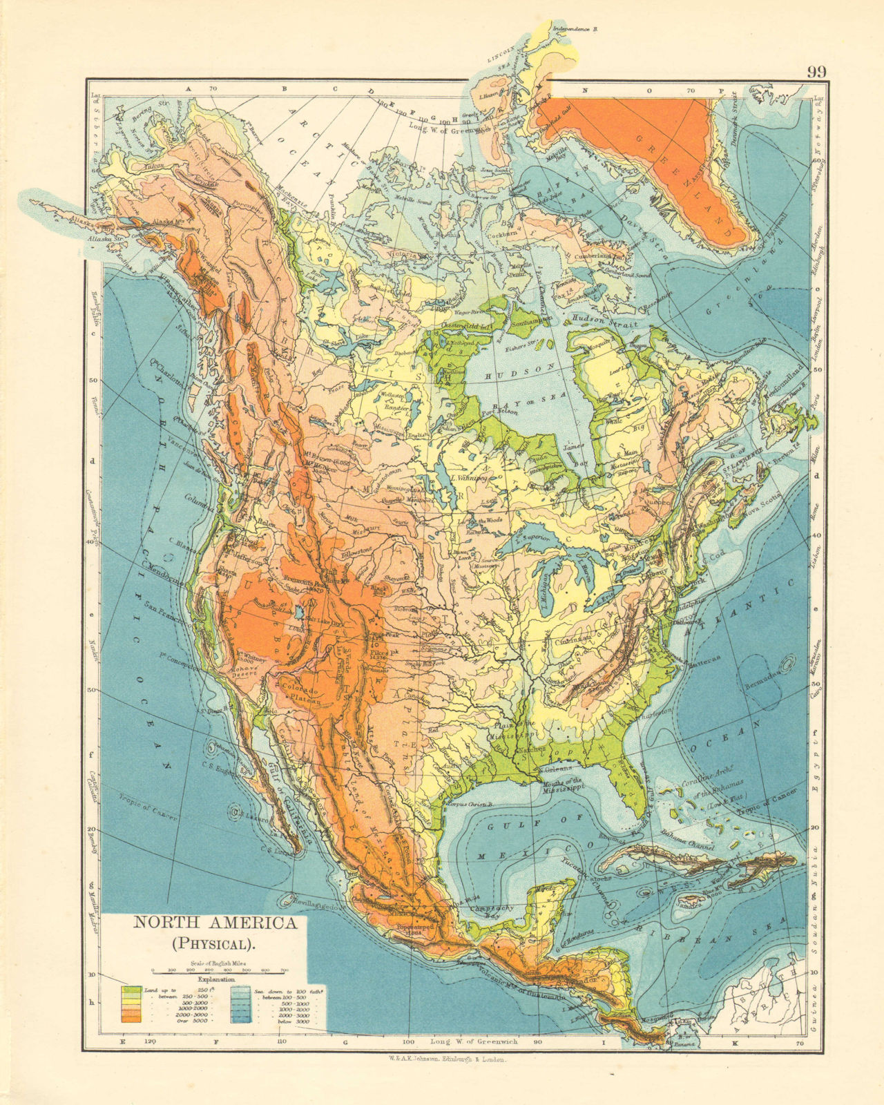 NORTH AMERICA PHYSICAL. Relief. Key mountains heights. Ocean depths  1899 map