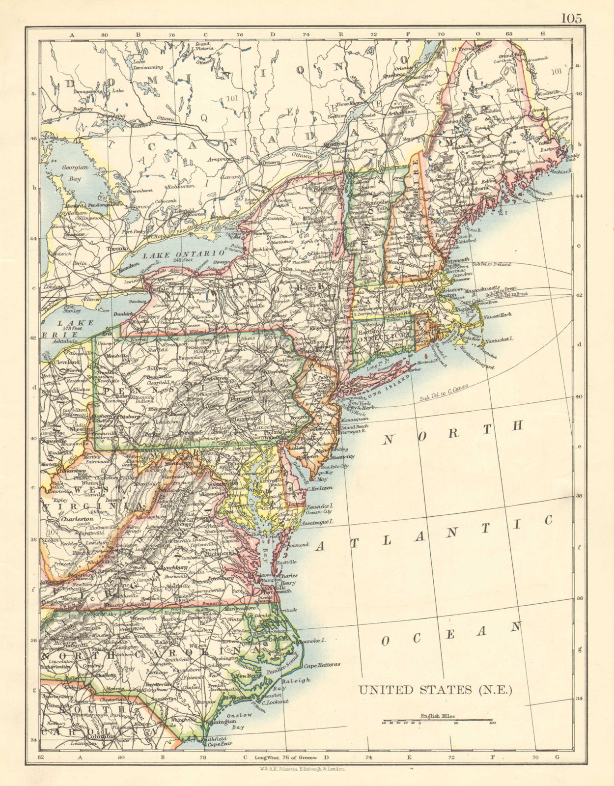UNITED STATES NORTH EAST. New England Appalachia Atlantic states. USA 1899 map