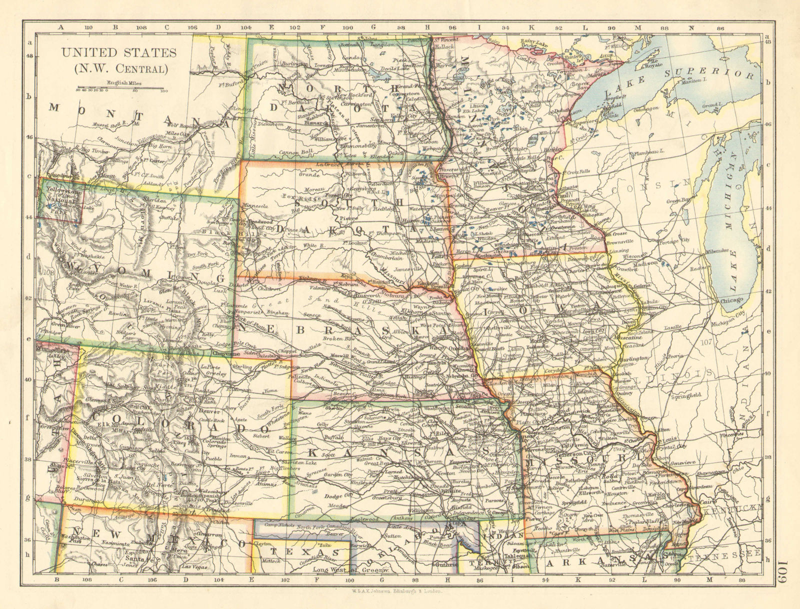 Associate Product USA PLAINS STATES. Iowa Minnesota Kansas NE ND SD Colorado. JOHNSTON 1899 map