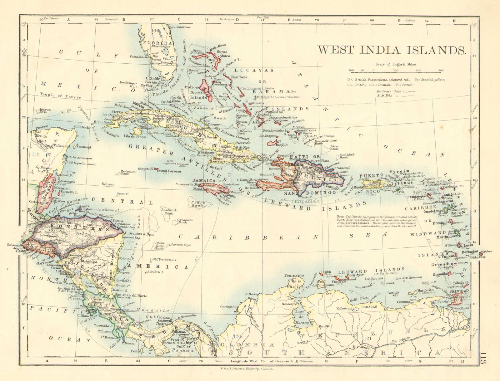 WEST INDIA ISLANDS. Caribbean Lucayas Caribbee Cuba. JOHNSTON 1899 old map