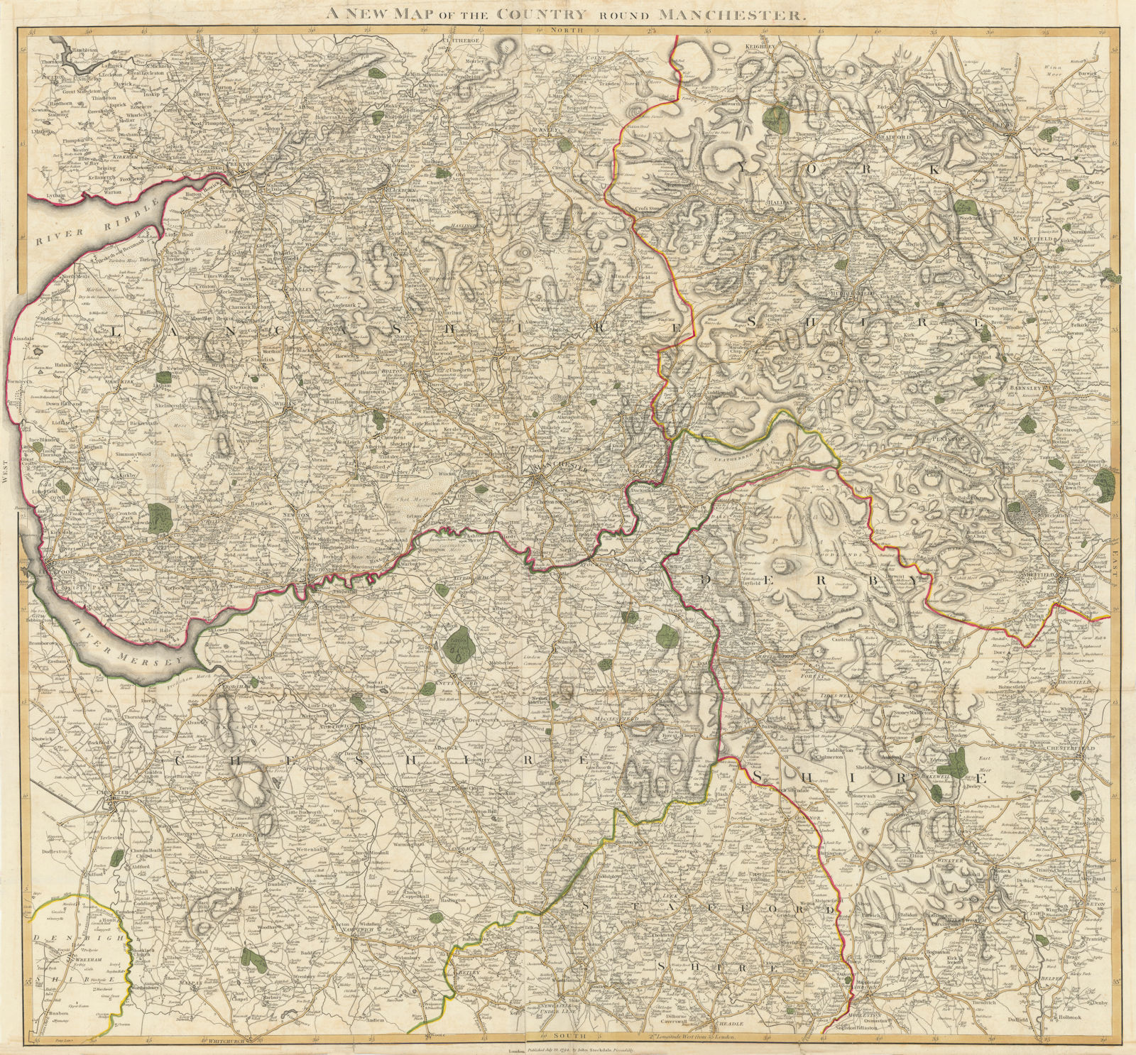 A new map of the country round Manchester. NW England. 85x80cm. STOCKDALE 1794