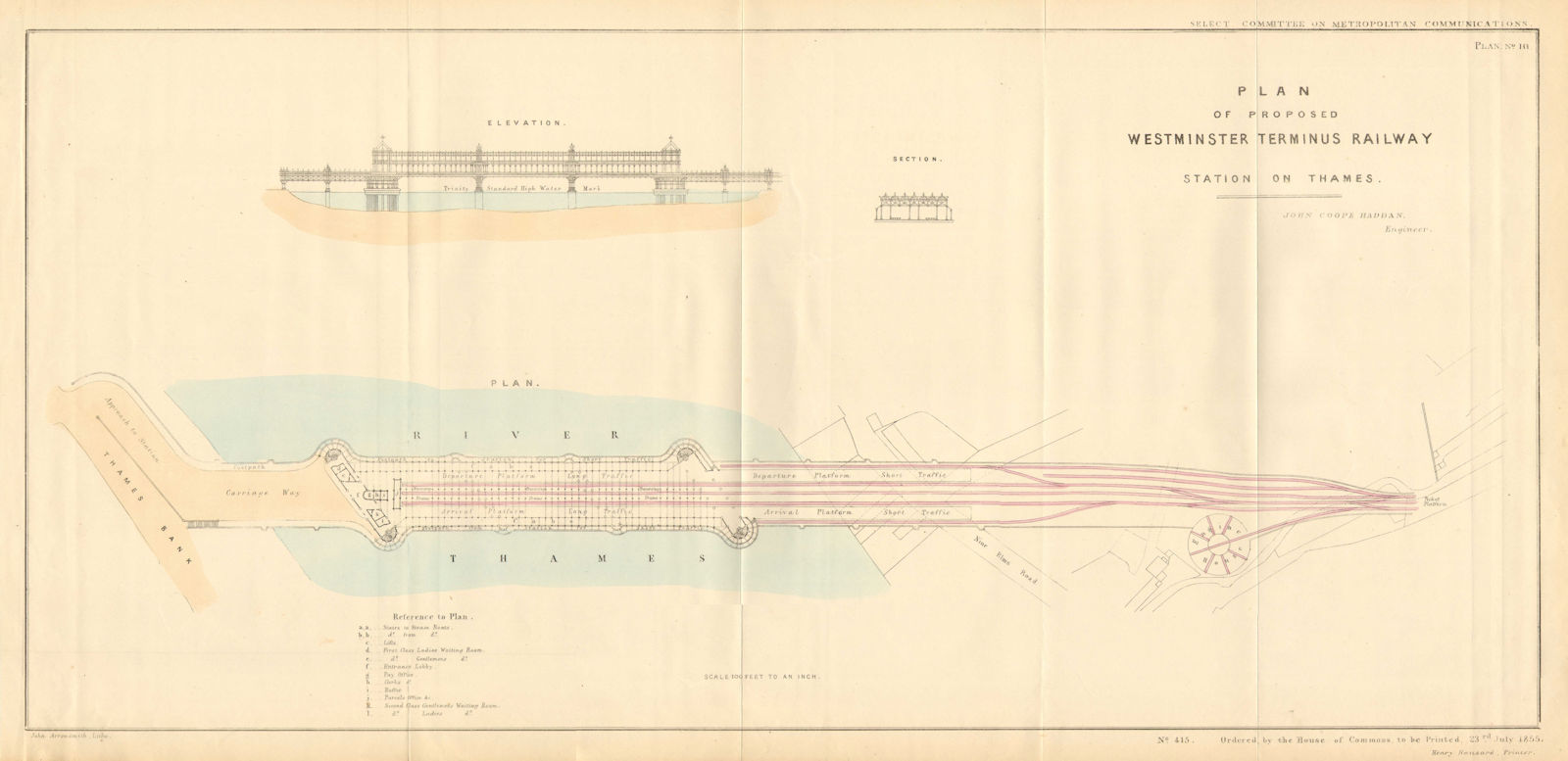 WESTMINSTER TERMINUS RAILWAY 'Station on Thames' proposal. JC HADDAN 1855 map