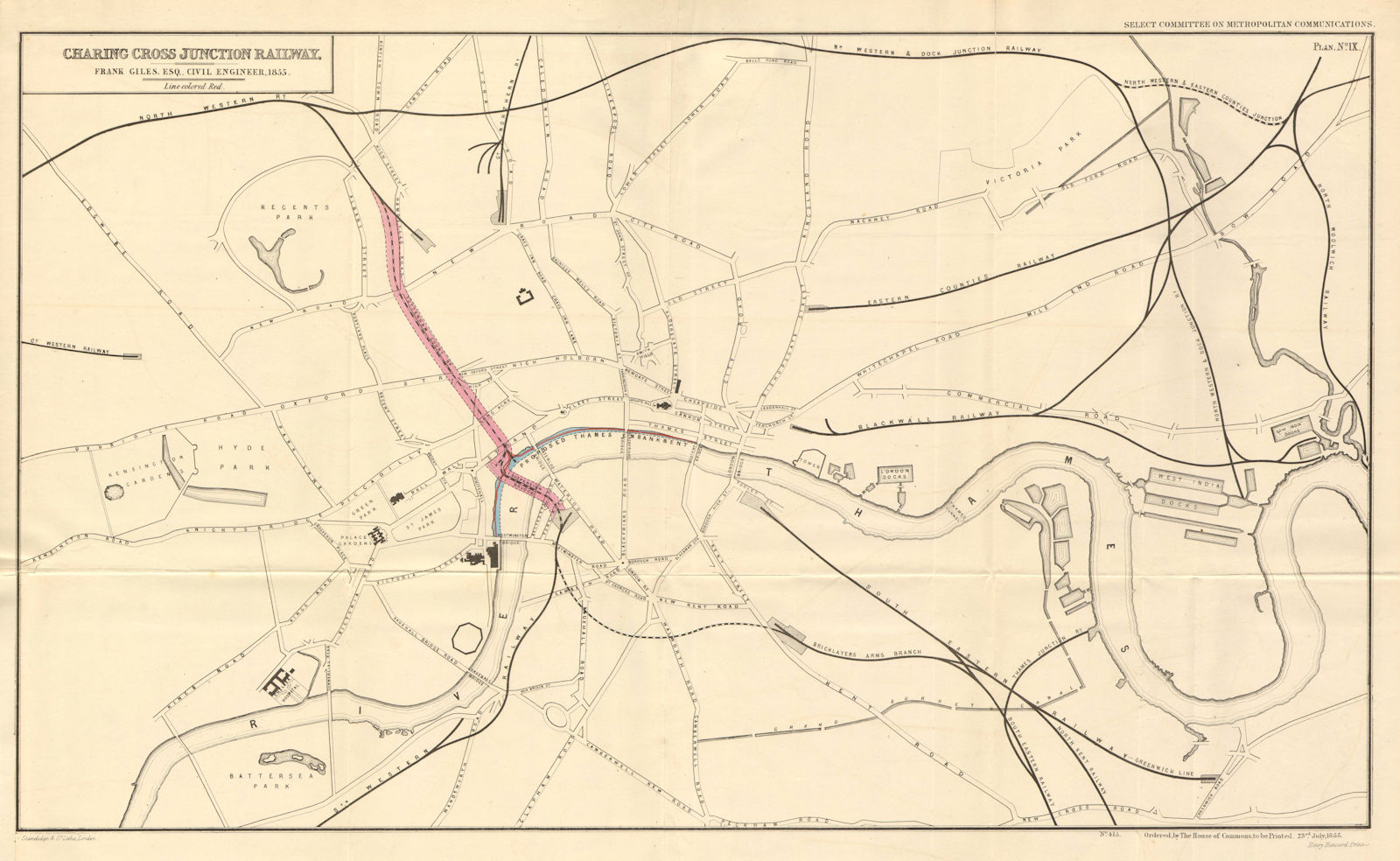 Proposed CHARING CROSS JUNCTION RAILWAY.Northern Line precursor.GILES 1855 map