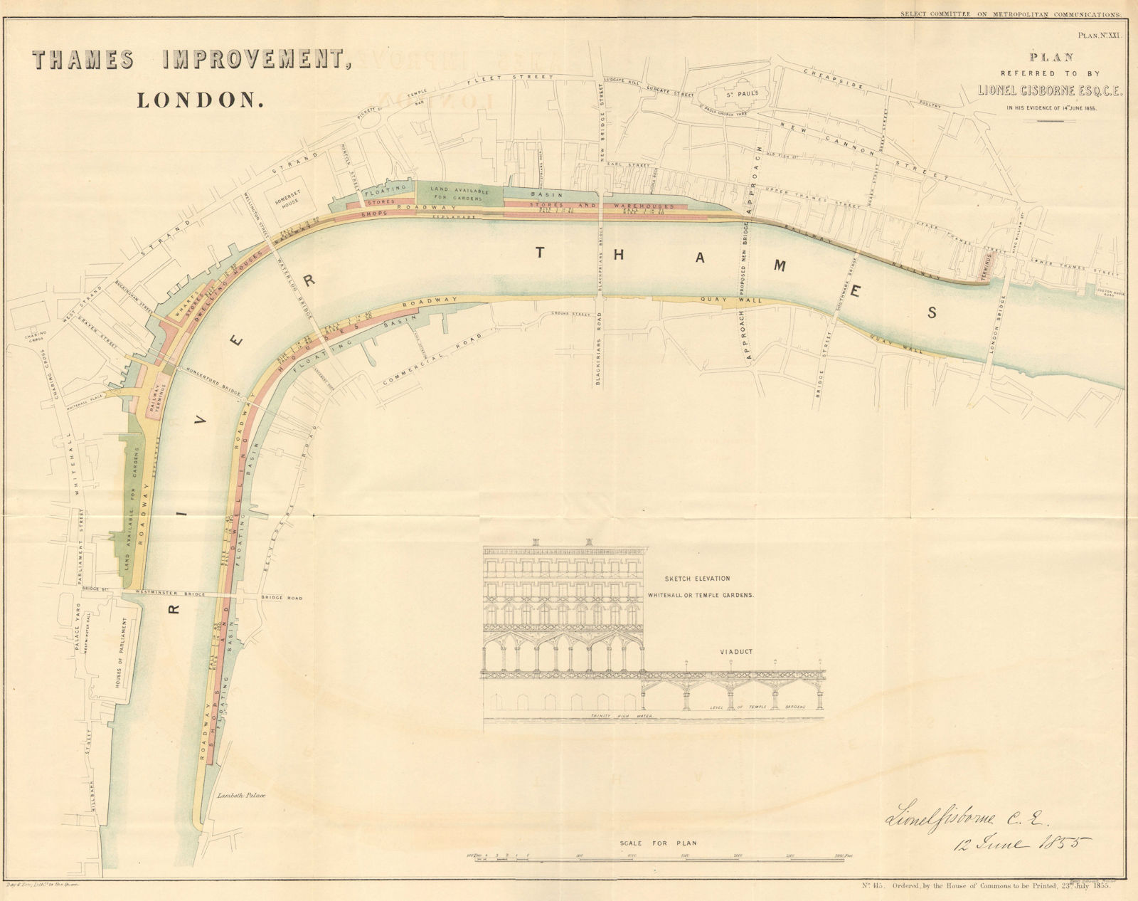 Proposed THAMES & ALBERT EMBANKMENT plans retaining wharves. GISBORNE 1855 map