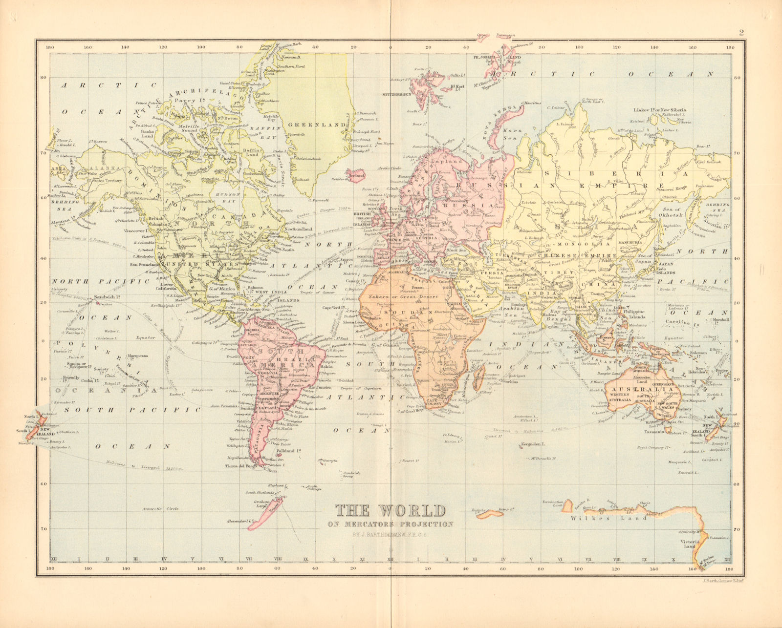 'The World on Mercators Projection'. BARTHOLOMEW 1876 old antique map chart