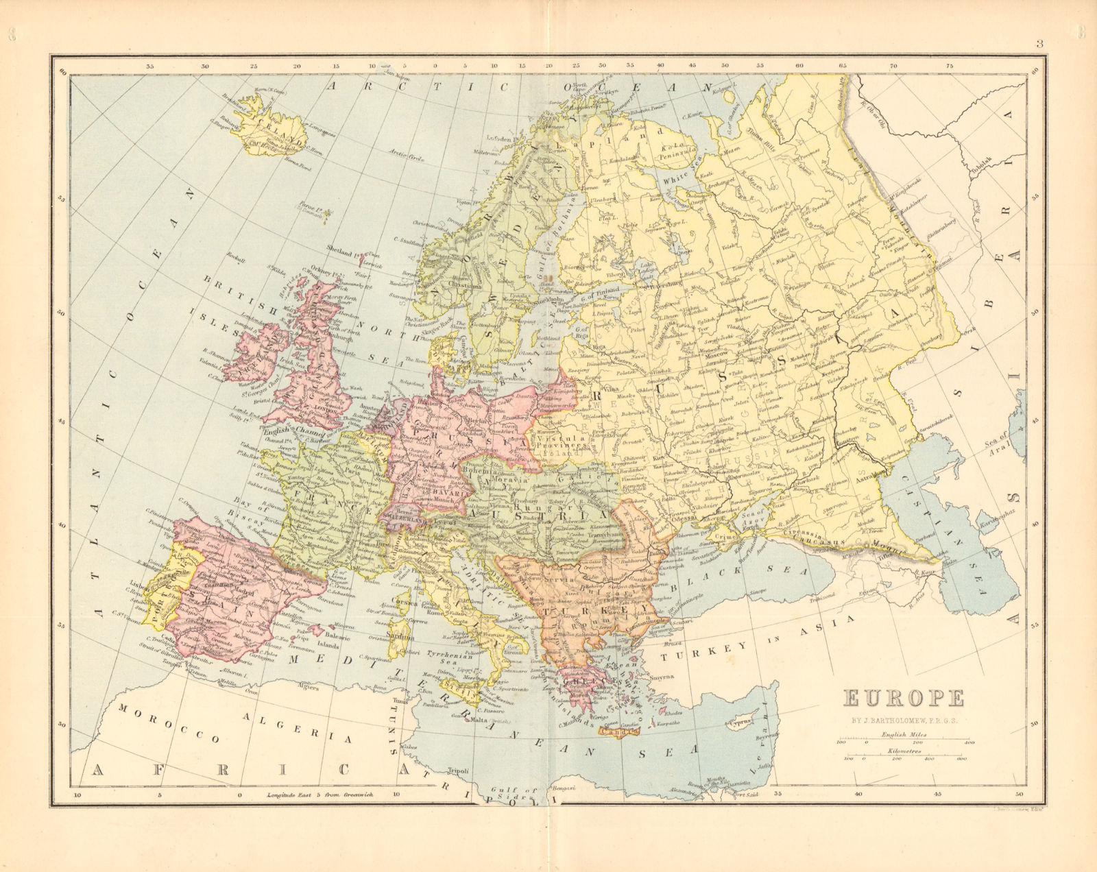 EUROPE. Prussia. Turkey in Europe. BARTHOLOMEW 1876 old antique map plan chart