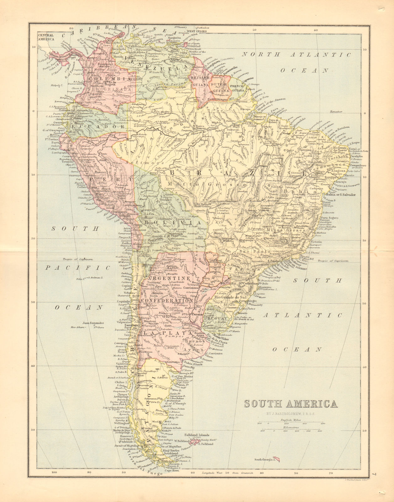 Associate Product SOUTH AMERICA. Bolivia with littoral/sea coast. Patagonia. BARTHOLOMEW 1876 map