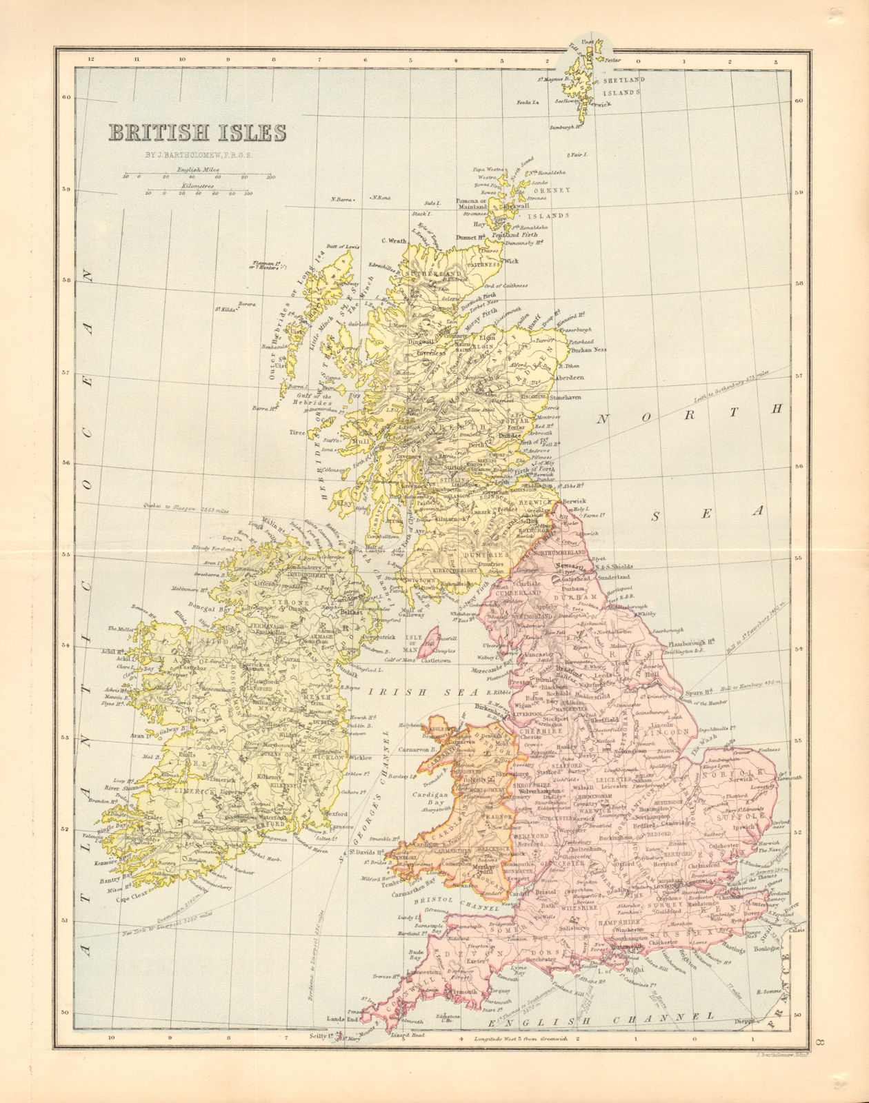 BRITISH ISLES. England Ireland Scotland Wales. BARTHOLOMEW 1876 old map