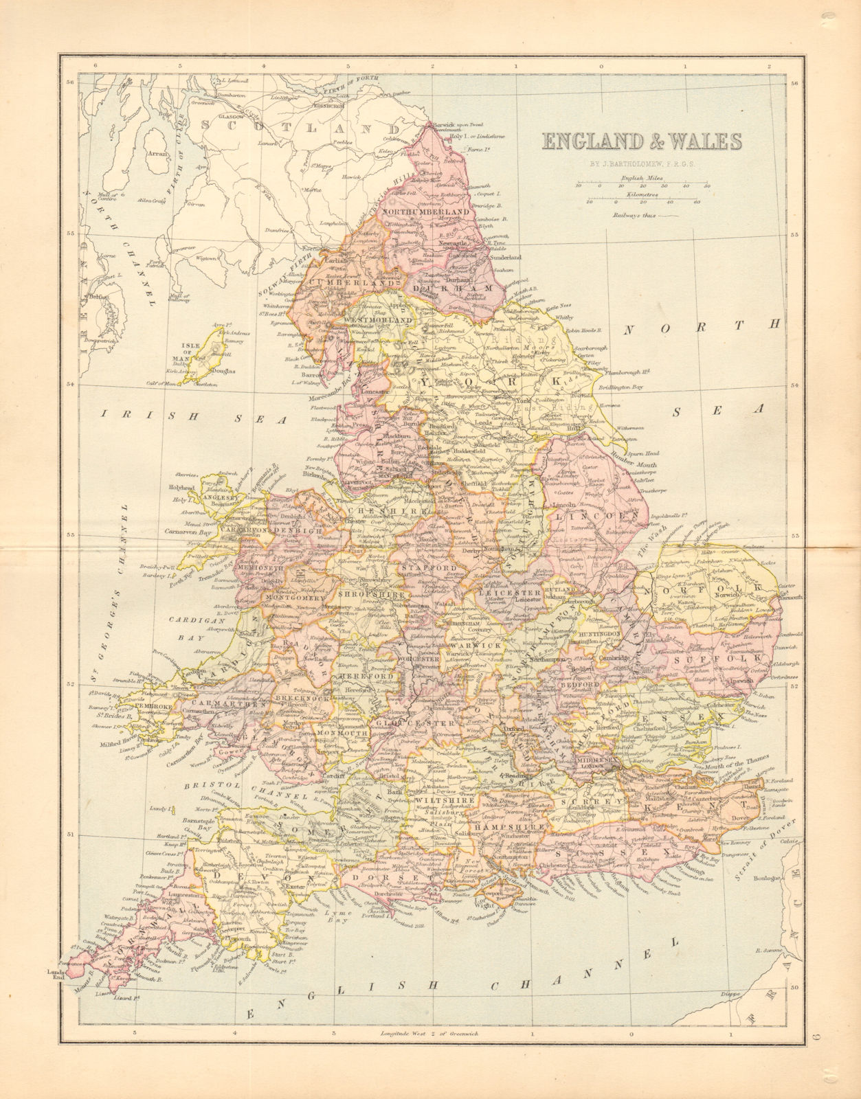 Associate Product GREAT BRITAIN. 'England & Wales'. Counties. Railways. BARTHOLOMEW 1876 old map