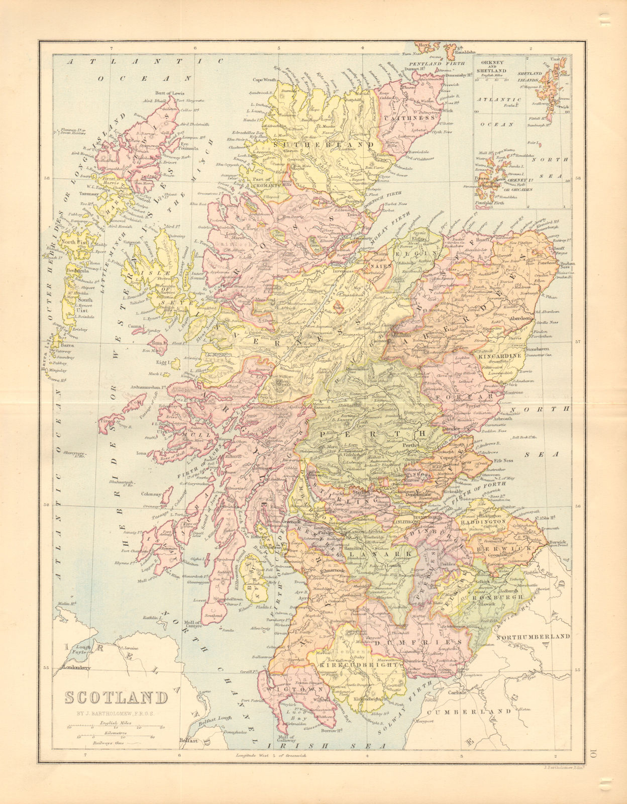 SCOTLAND. Counties. Railways. BARTHOLOMEW 1876 old antique map plan chart